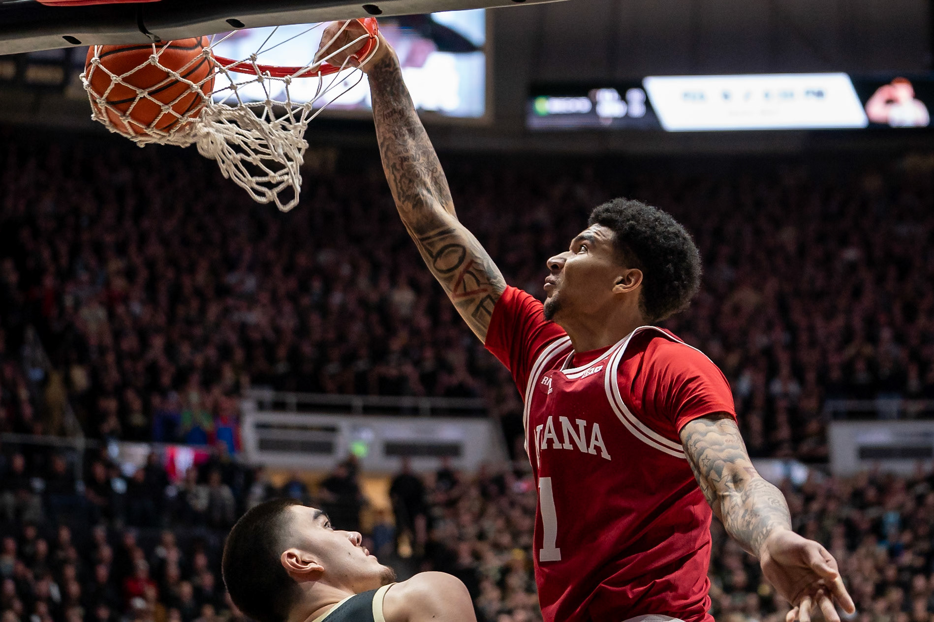 WEST LAFAYETTE, IN - FEBRUARY 10, 2024: Indiana Sophomore Center Kel'el Ware (1) in Purdue Boilermaker vs Indiana Hoosiers Basketball at Mackey Arena(Photo by Steve Bowen / Bowen Arrow Photography / Northern Indiana Sports Report)