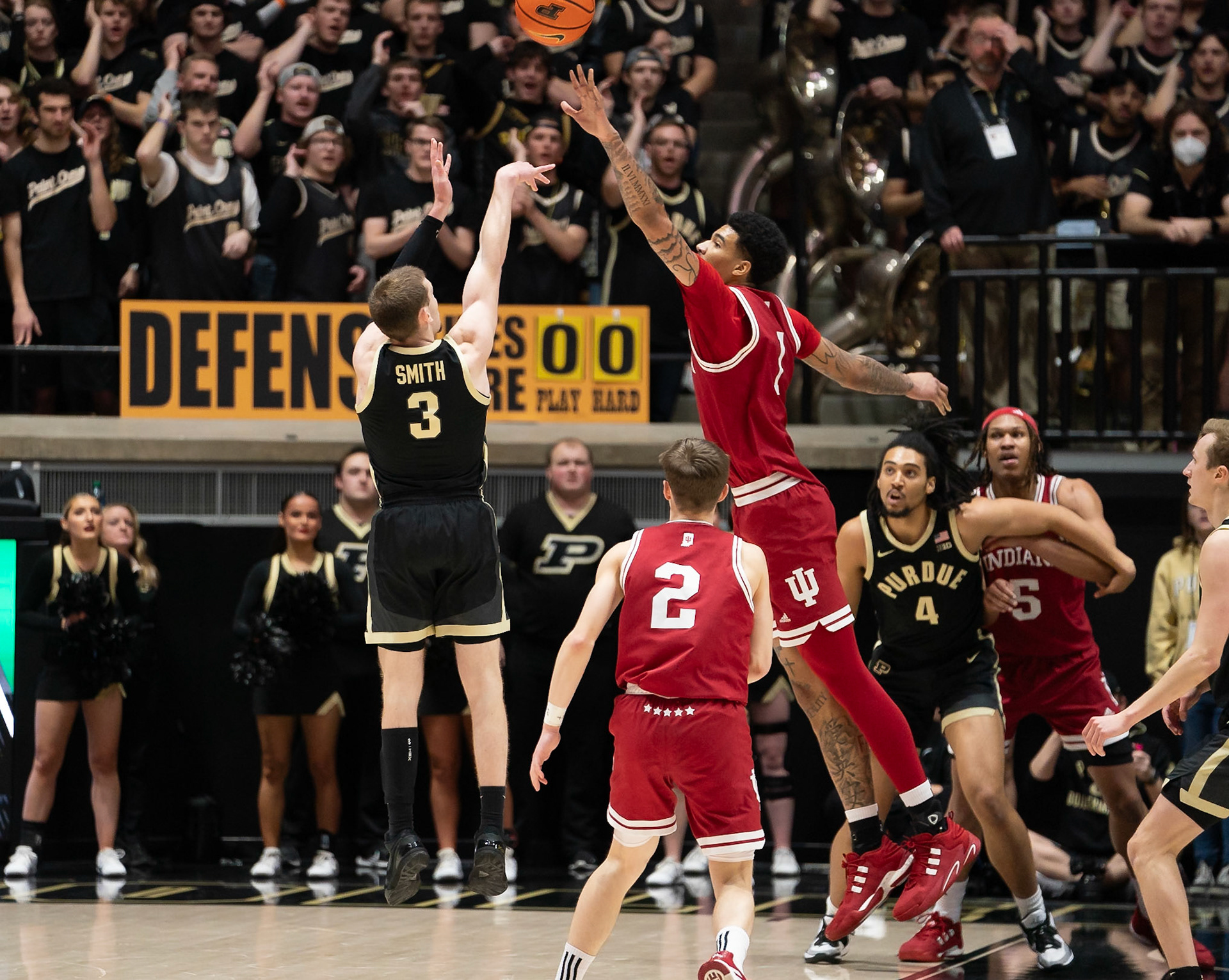 WEST LAFAYETTE, IN - FEBRUARY 10, 2024: Purdue Sophomore Guard Braden Smith (3), Indiana Sophomore Center Kel'el Ware (1) in Purdue Boilermaker vs Indiana Hoosiers Basketball at Mackey Arena(Photo by Steve Bowen / Bowen Arrow Photography / Northern Indiana Sports Report)