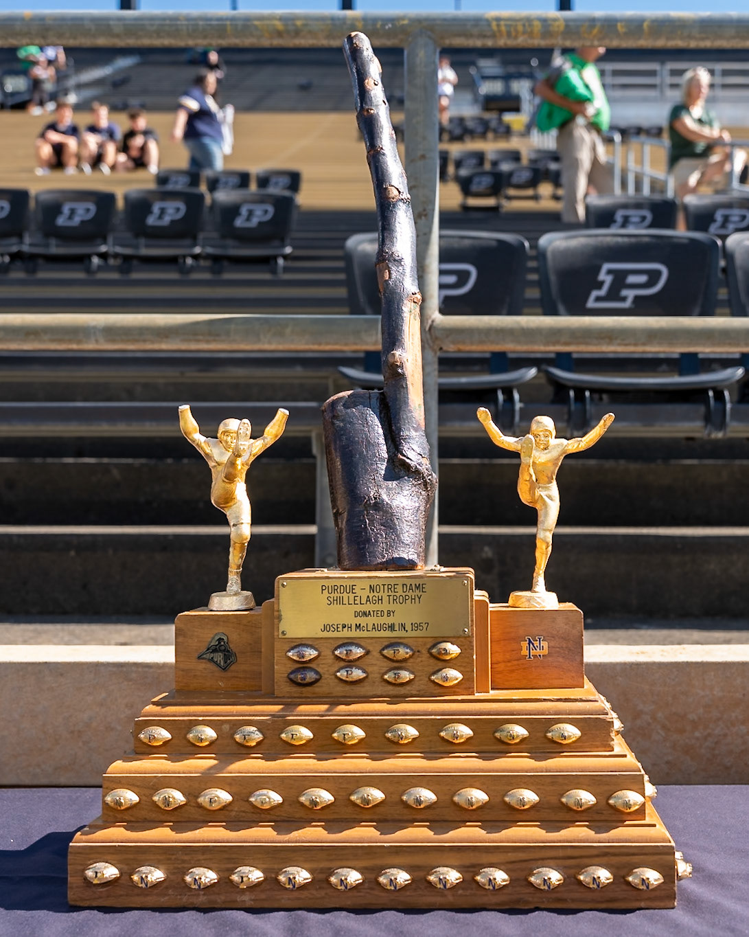 WEST LAFAYETTE, IN - SEPTEMBER 26, 2026: The Shillelagh Trophy at the Purdue Boilermaker vs the Notre Dame Fighting Irish football game at Ross-Ade Stadium(Photo by Steve Bowen / Northern Indiana Sports Report)