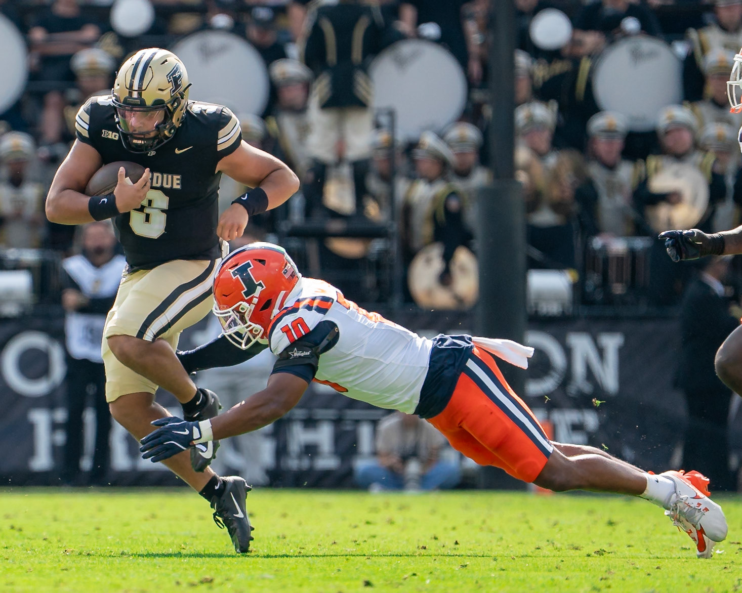 WEST LAFAYETTE, IN - OCTOBER 4, 2025: Purdue University Sophomore Quarterback Malachi Singleton (3) tries to get past University of Illinois’ Senior DB Miles Scott (10) in Purdue Boilermaker Football vs University of Illinois Fighting Illini at Ross-Ade Stadium(Photo by Steve Bowen / Northern Indiana Sports Report)