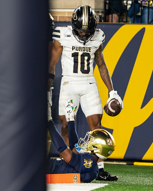 SOUTH BEND, IN - SEPTEMBER 20, 2025: Purdue University Redshirt Freshman Wide Receiver Jesse Watson (10) stands over Notre Dame University Freshman CB Dallas Golden (14) iafter catching a touchdown pass late in Purdue Boilermakers at Notre Dame Fighting Irish Football at Notre Dame Stadium(Photo by Steve Bowen / Northern Indiana Sports Report)