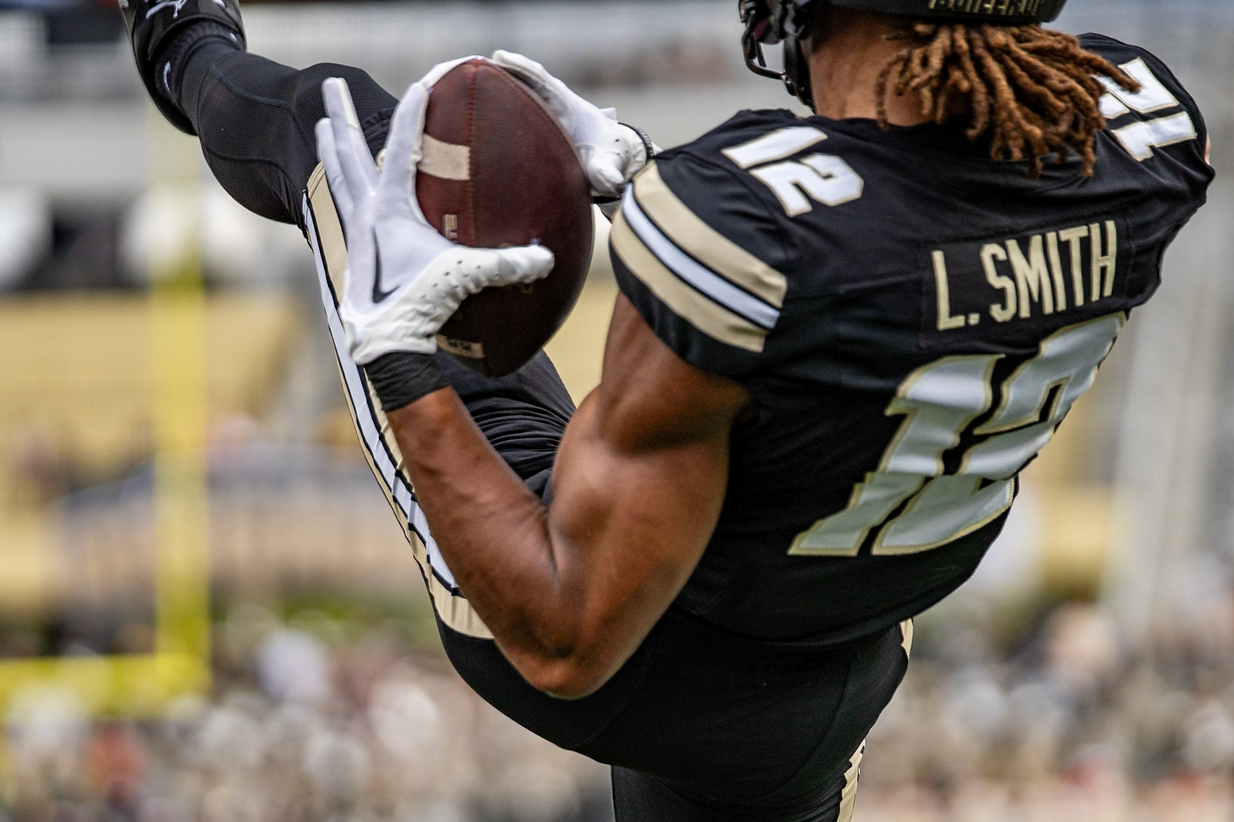 WEST LAFAYETTE, IN - SEPTEMBER 28, 2024: Purdue University Sophomore Wide Receiver Leland Smith (12) during the Purdue University Boilermakers vs Nebraska University Cornhuskers Football game at Ross-Ade Stadium(Photo by Steve Bowen / Bowen Arrow Photography / Northern Indiana Sports Report)