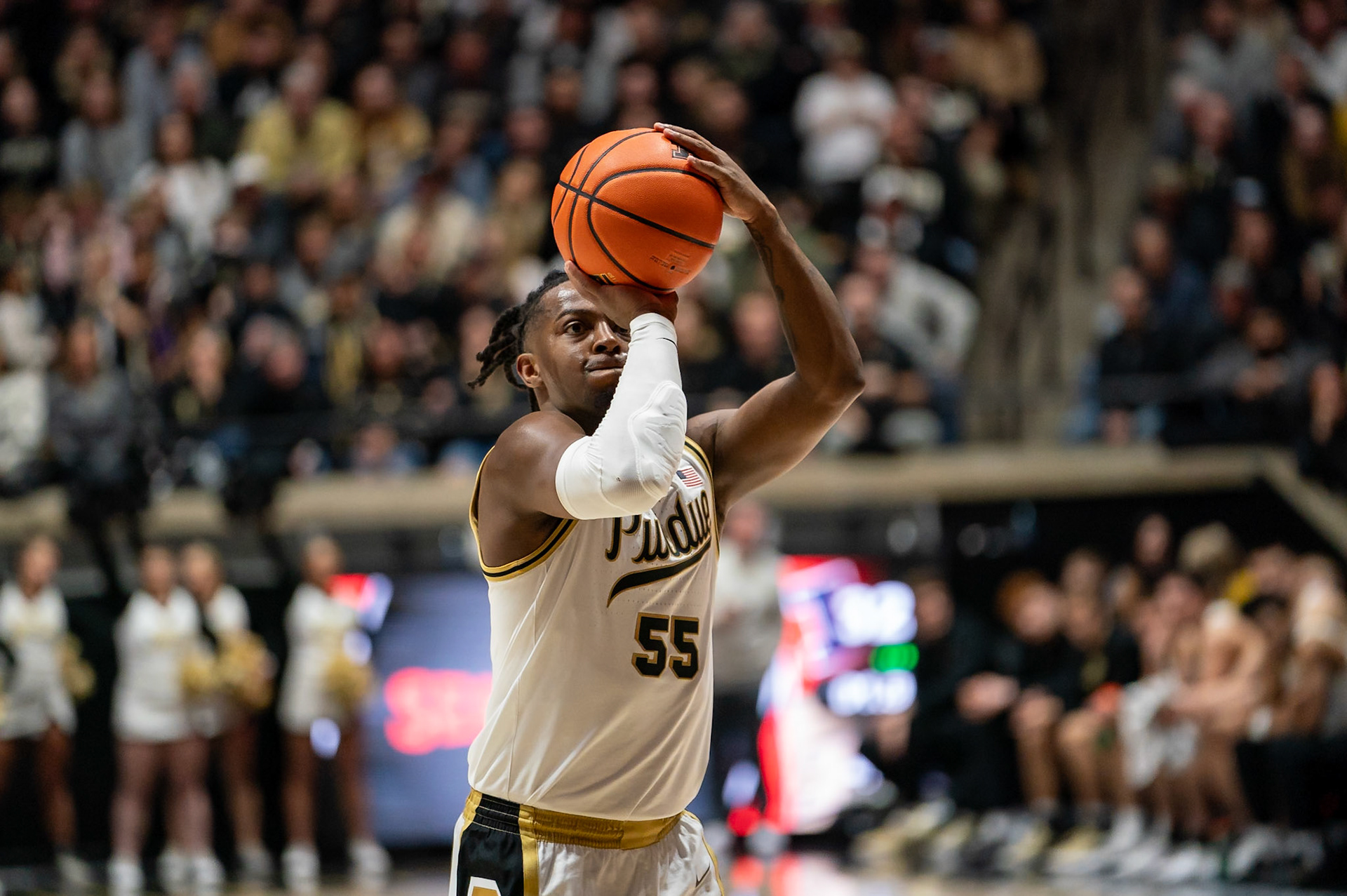 WEST LAFAYETTE, IN - JANUARY 5, 2024: Purdue 5th year Guard Lance Jones (55) shooting a free throw in Purdue Boilermaker's Basketball vs the Illinois Fighting Illini at Mackey Arena(Photo by Steve Bowen / Bowen Arrow Photography / Northern Indiana Sports Report)