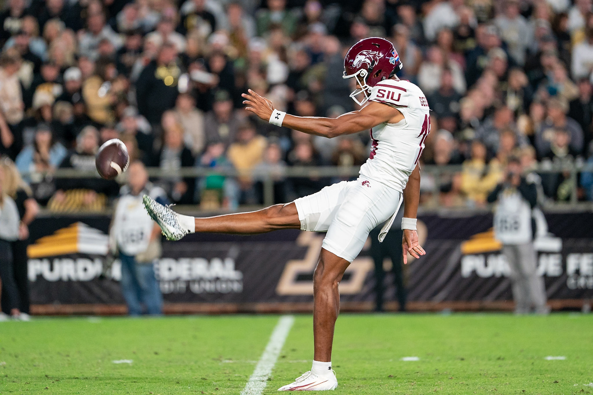 WEST LAFAYETTE, IN - SEPTEMBER 6, 2025: Southern Illinois University Sr. K/P Paul Geelen (19) at Purdue Boilermaker Football vs Southern Illinois Saluki Football at Ross-Ade Stadium(Photo by Steve Bowen / Northern Indiana Sports Report)