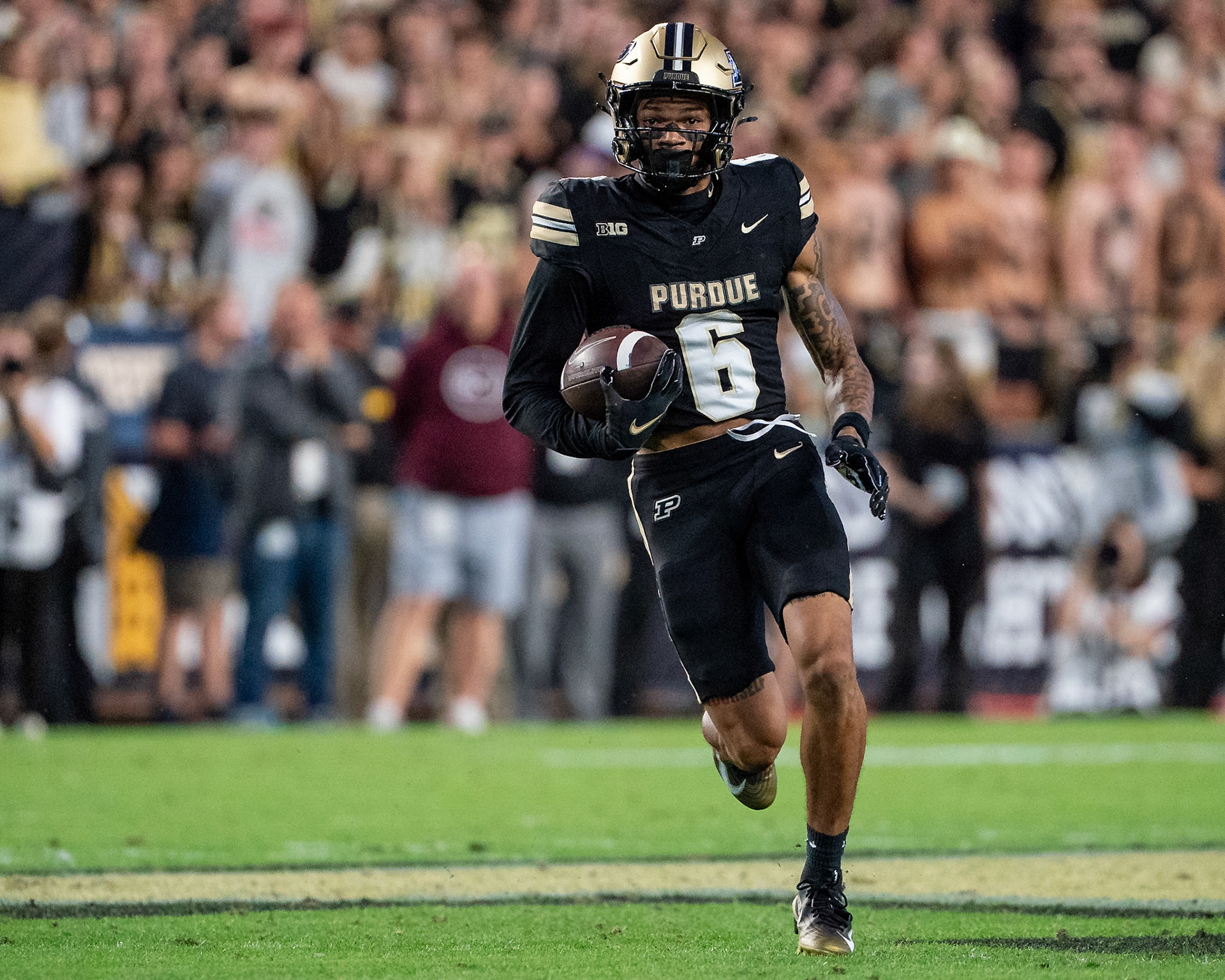 WEST LAFAYETTE, IN - SEPTEMBER 6, 2025: Purdue University Sophomore Wide Receiver Arhmad Branch (6) runs in the open field after a catch at Purdue Boilermaker Football vs Southern Illinois Saluki Football at Ross-Ade Stadium(Photo by Steve Bowen / Northern Indiana Sports Report)