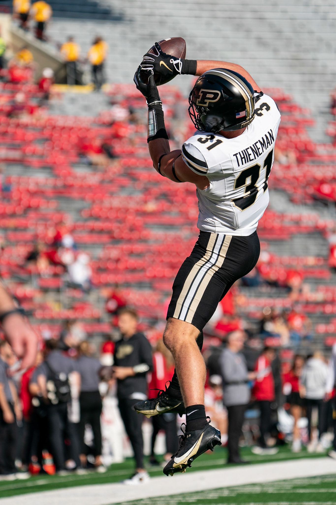MADISON, WI - OCTOBER 5, 2024: Purdue University Sophomore Defensive Back Dillon Thieneman (31) catching a pass during warmups before the Purdue University Boilermakers at University of Wisconsin Badger Football game at Camp Randall Stadium(Photo by Steve Bowen / NISports Report)
