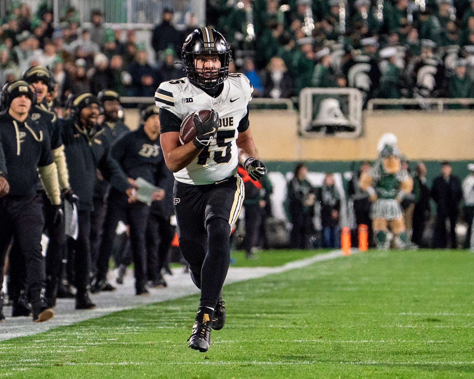 EAST LANSING, MI - NOVEMBER 22, 2024: Purdue University Junior Running Back Devin Mockobee (45) iracing down the field after catching a pass during the Purdue University Boilermakers at Michigan State University Spartans Football game at Spartan Stadium(Photo by Steve Bowen / Bowen Arrow Photography / Northern Indiana Sports Report)