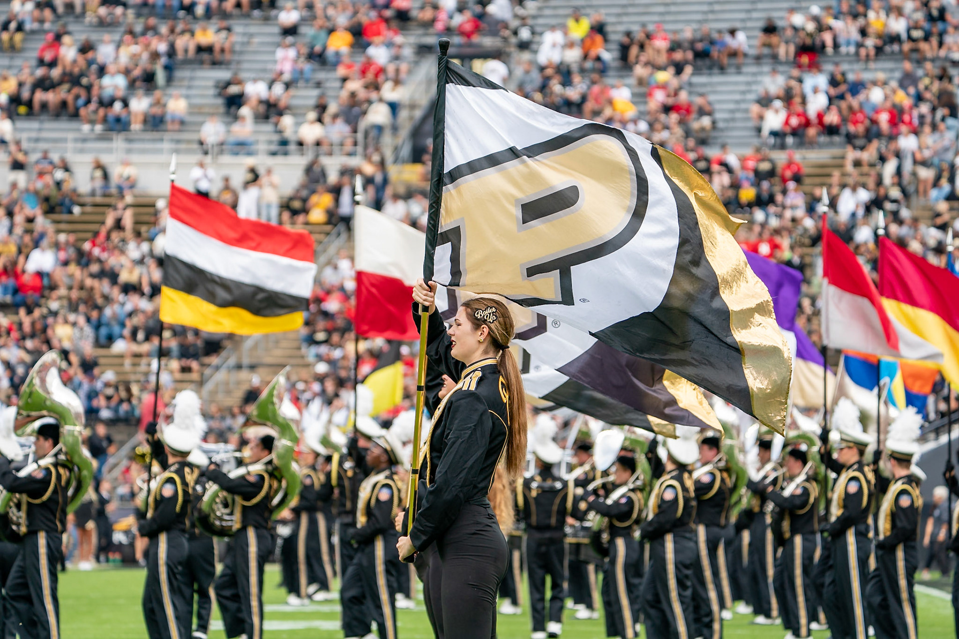 WEST LAFAYETTE, IN - SEPTEMBER 28, 2024: Purdue University “All-American” Marching Band flags just before the start of the Purdue University Boilermakers vs Nebraska University Cornhuskers Football game at Ross-Ade Stadium(Photo by Steve Bowen / NI Sports Report)