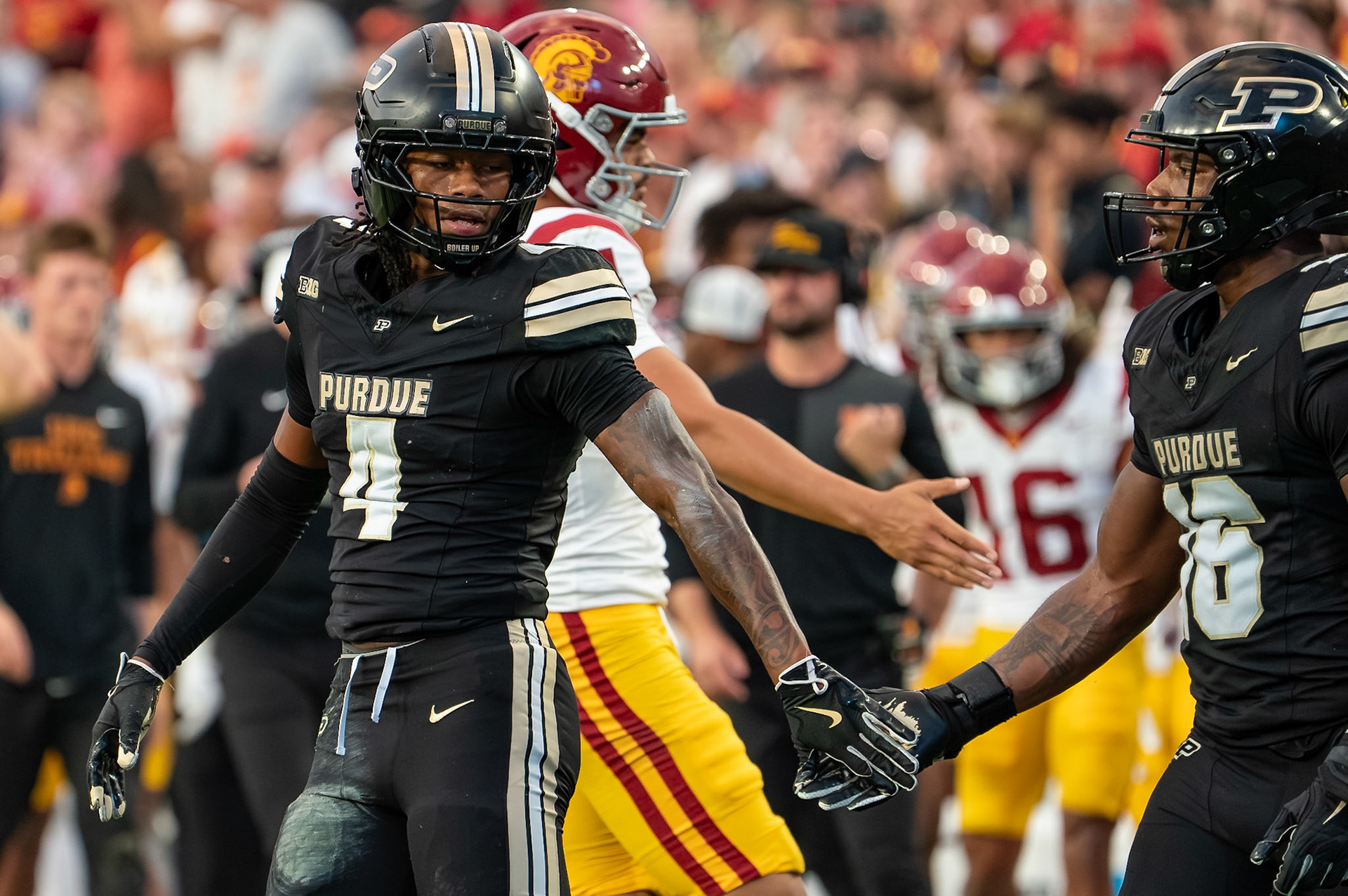 WEST LAFAYETTE, IN - SEPTEMBER 13, 2025: Purdue University Sophomore Defensive Back Hudauri Hines (4), Purdue University Senior Linebacker Mani Powell (16) in Purdue Boilermaker Football vs University of Southern California Trojans at Ross-Ade Stadium(Photo by Steve Bowen / Northern Indiana Sports Report)