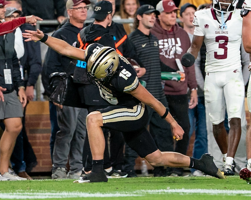 WEST LAFAYETTE, IN - SEPTEMBER 6, 2025: Purdue University Sophomore Quaterback Ryan Browne (15) celebrating a first down at Purdue Boilermaker Football vs Southern Illinois Saluki Football at Ross-Ade Stadium(Photo by Steve Bowen / Northern Indiana Sports Report)