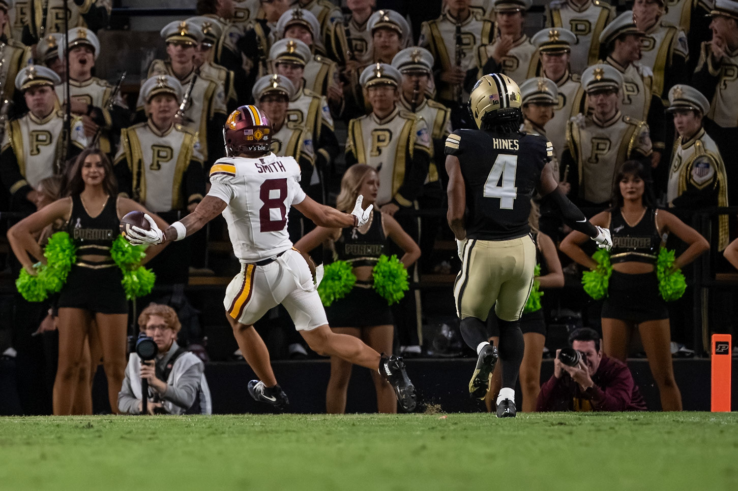 WEST LAFAYETTE, IN - OCTOBER 10, 2026: University of Minnesota Junior WR Jalen Smith (8), Purdue University Junior Defensive Back Hudauri Hines (4) during the Purdue Boilermakers vs Minnesota Golden Gophers football game at Ross-Ade Stadium(Photo by Steve Bowen / Northern Indiana Sports Report)