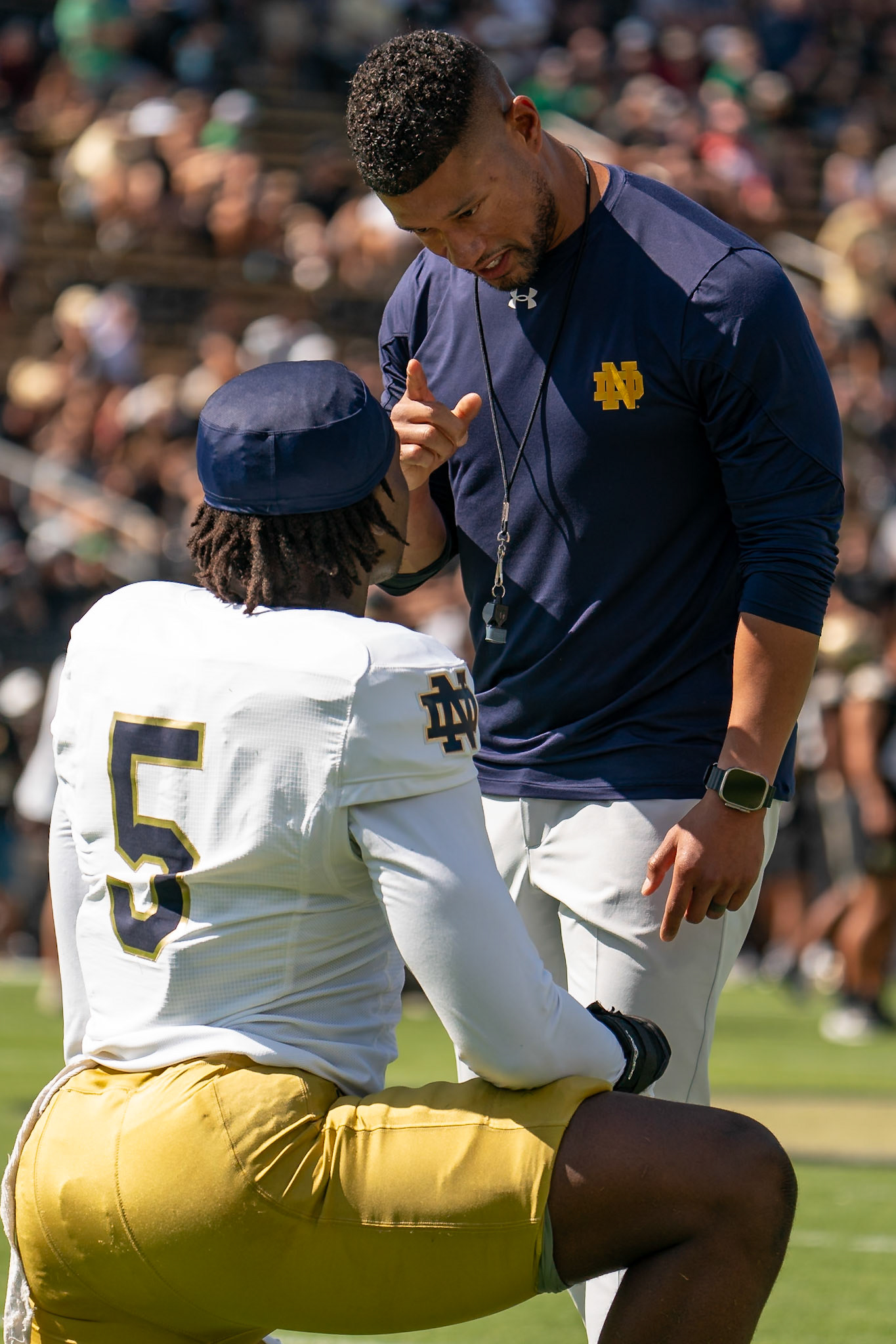 WEST LAFAYETTE, IN - SEPTEMBER 14, 2024: Notre Dame Football Head Coach Marcus Freeman, Notre Dame Senior WR Beaux Collins (5) during the Purdue University Boilermakers vs Notre Dame Fighting Irish Football game at Ross-Ade Stadium(Photo by Steve Bowen / Bowen Arrow Photography / Northern Indiana Sports Report)