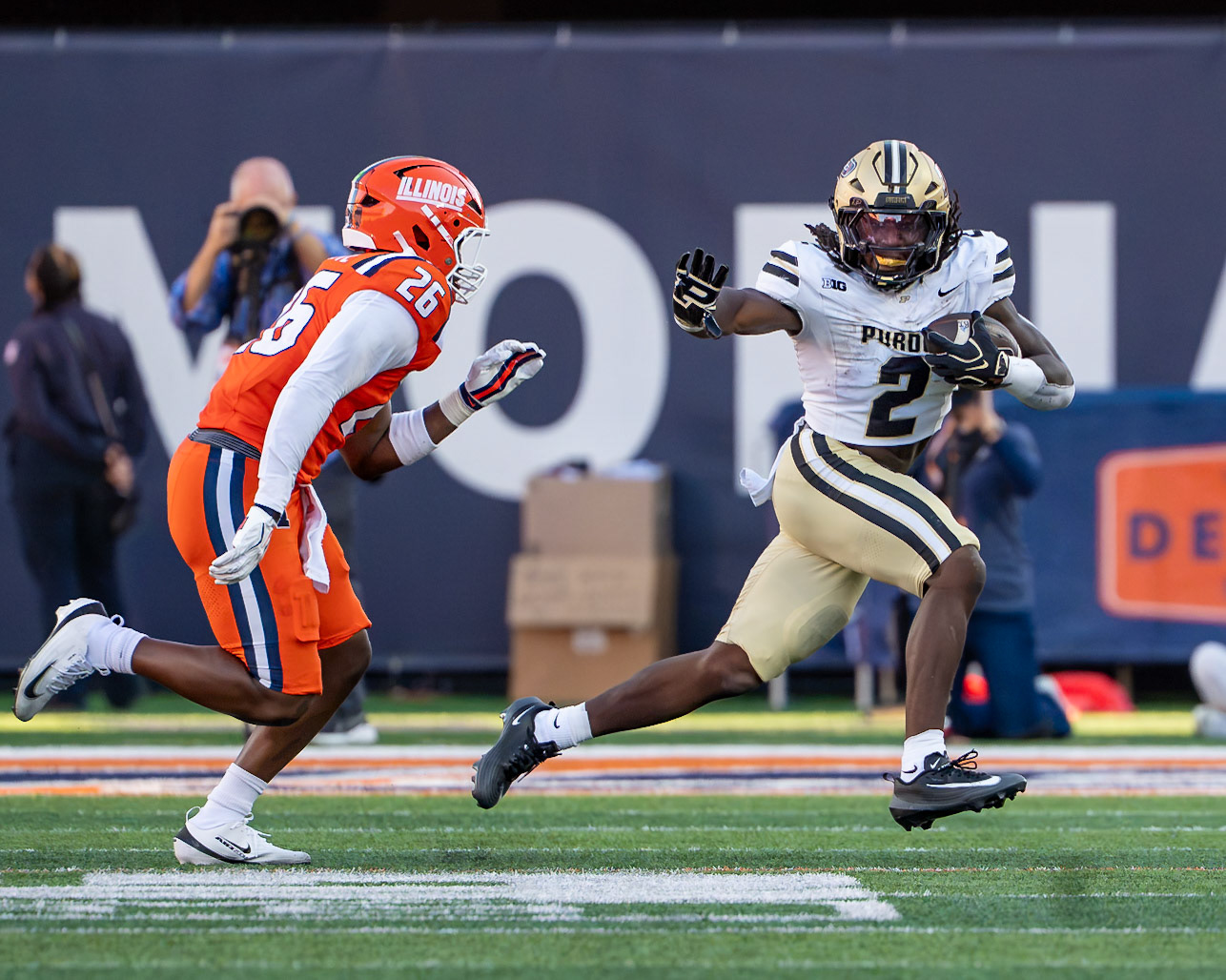 CHAMPAIGN, IL - OCTOBER 3, 2026: Purdue University Sophomore Running Back Fame Ijeboi (2), University of Illinois 5th Year LB Ismael Kante (26) during the Purdue Boilermakers at Illinois Fighting Illini football game at Gies Memorial Stadium(Photo by Steve Bowen / Northern Indiana Sports Report)