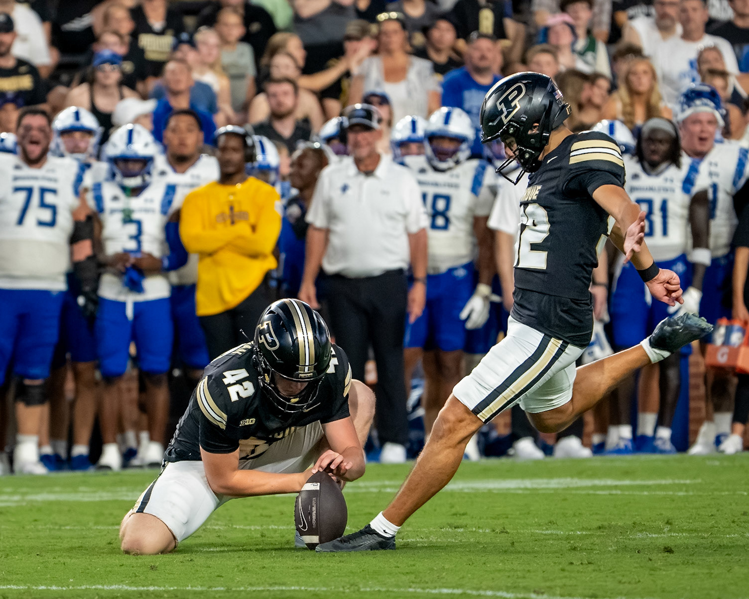 WEST LAFAYETTE, IN - SEPTEMBER 4, 2026: Purdue University Freshman Kicker Jacobo Echeverria Lozano (92) kicks a field goal while Purdue University Freshman Punter Dylan Drennan (42) holds the ball during the Purdue Boilermaker Football game vs the Indiana State Sycamores at Ross-Ade Stadium(Photo by Steve Bowen / Northern Indiana Sports Report)