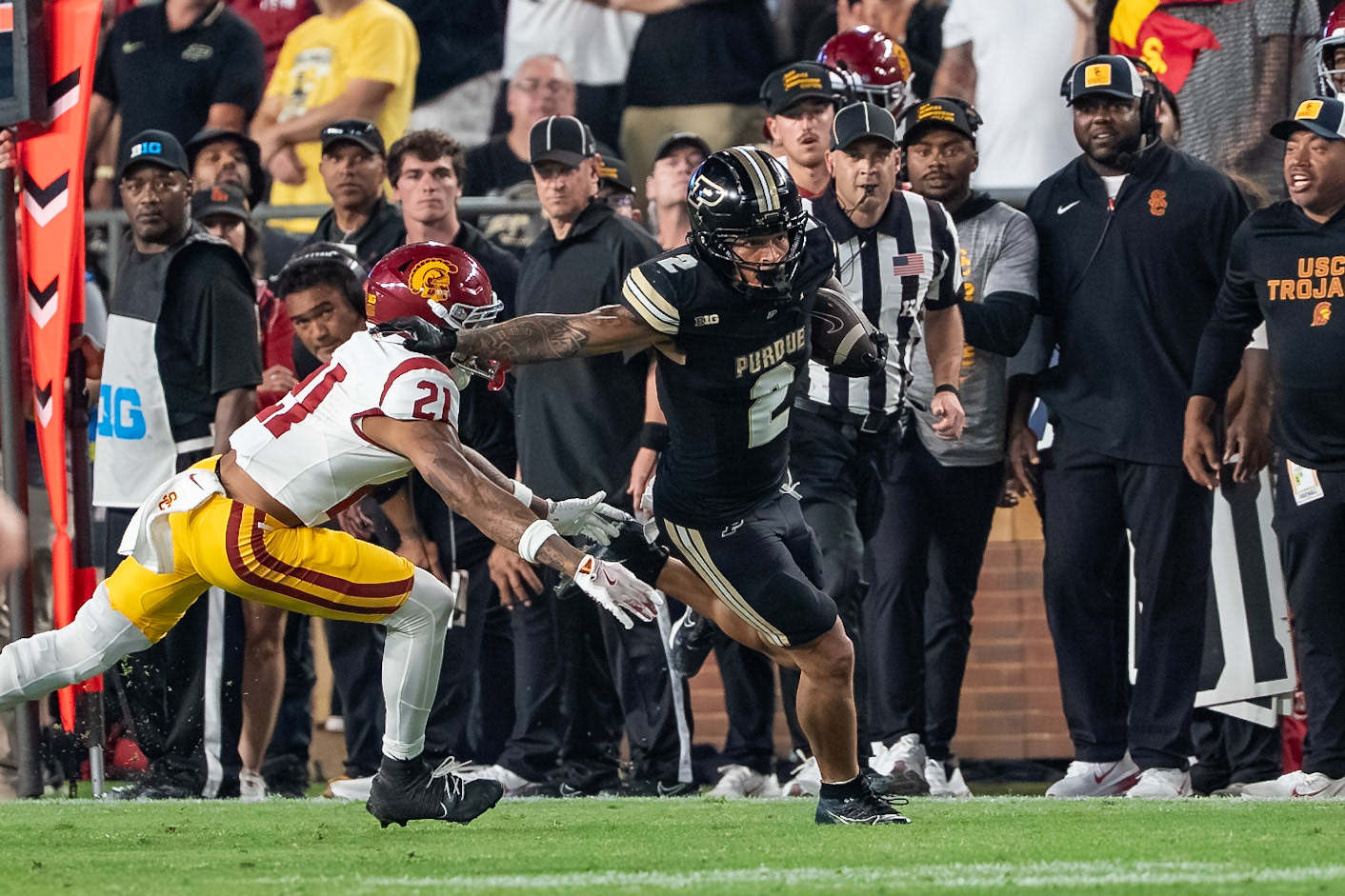 WEST LAFAYETTE, IN - SEPTEMBER 13, 2025: Purdue University Senior Wide Receiver Michael Jackson III (2), USC Sophomore CB Chasen Johnson (21) in Purdue Boilermaker Football vs University of Southern California Trojans at Ross-Ade Stadium(Photo by Steve Bowen / Northern Indiana Sports Report)