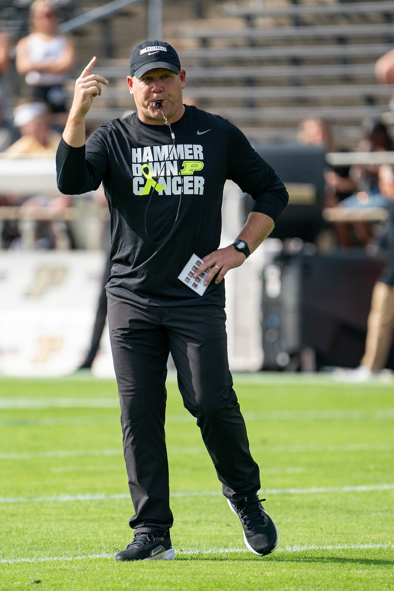 WEST LAFAYETTE, IN - OCTOBER 4, 2025: Purdue University Football Head Coach Barry Odom in the Hammer Down Cancer t-shirt before Purdue Boilermaker Football vs University of Illinois Fighting Illini at Ross-Ade Stadium(Photo by Steve Bowen / Northern Indiana Sports Report)