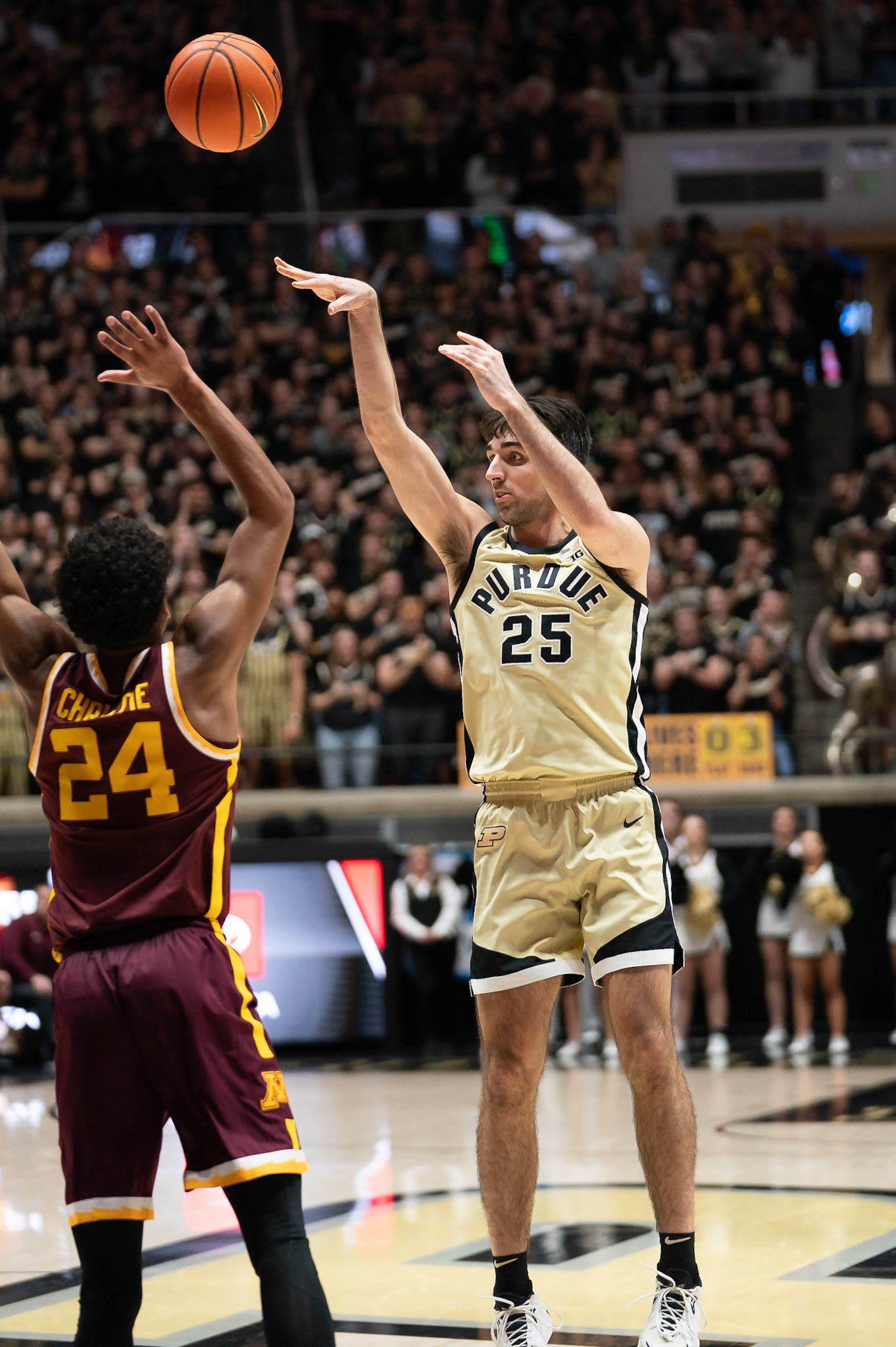 WEST LAFAYETTE, IN - FEBRUARY 15, 2024: Purdue Senior Guard Ethan Morton (25), Minnesota Freshman Guard Cam Christie (24) in Purdue Boilermakers Men's Basketball vs the Minnesota Golden Gophers at Mackey Arena(Photo by Steve Bowen / Bowen Arrow Photography / Northern Indiana Sports Report)