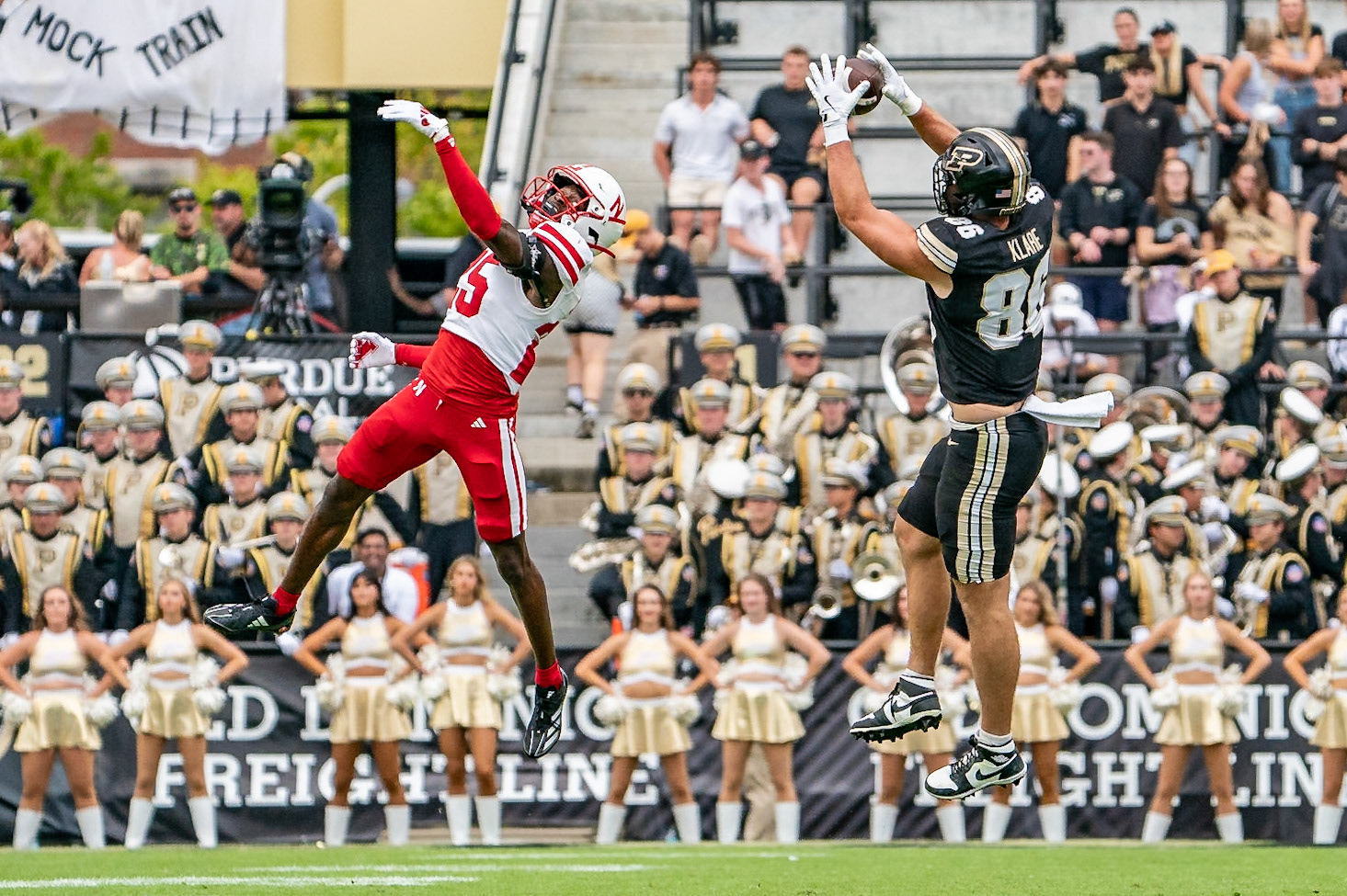 WEST LAFAYETTE, IN - SEPTEMBER 28, 2024: Purdue University Sophomore Tight End Max Klare (86), Nebraska University Redshirt Freshman Defensive Back Jeremiah Charles (25) during the Purdue University Boilermakers vs Nebraska University Cornhuskers Football game at Ross-Ade Stadium(Photo by Steve Bowen / Bowen Arrow Photography / Northern Indiana Sports Report)