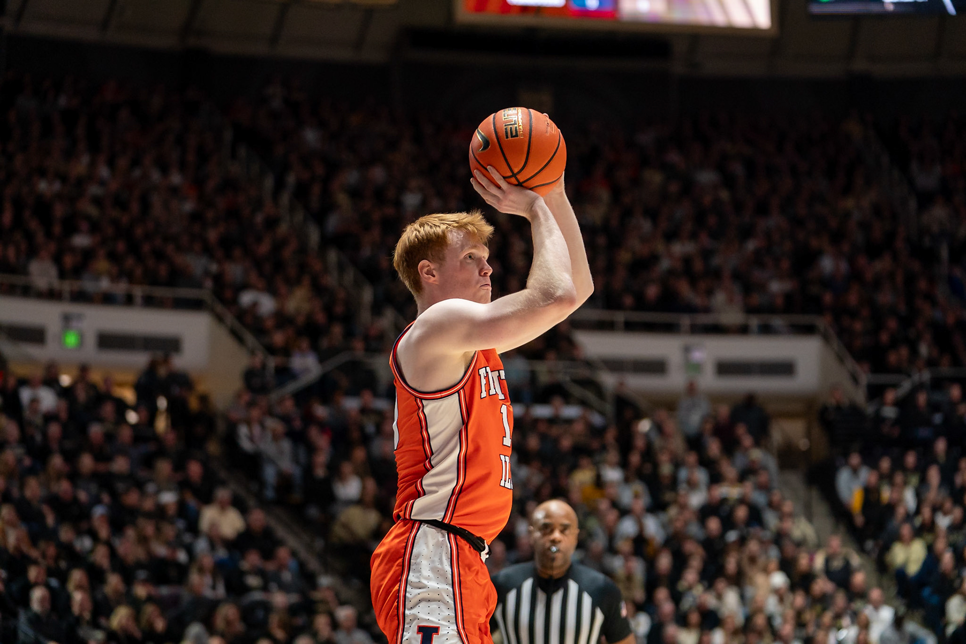 WEST LAFAYETTE, IN - JANUARY 5, 2024: Illinois Junior Guard/Forward Luke Goode (10) putting up a three in Purdue Boilermaker's Basketball vs the Illinois Fighting Illini at Mackey Arena(Photo by Steve Bowen / Bowen Arrow Photography / Northern Indiana Sports Report)