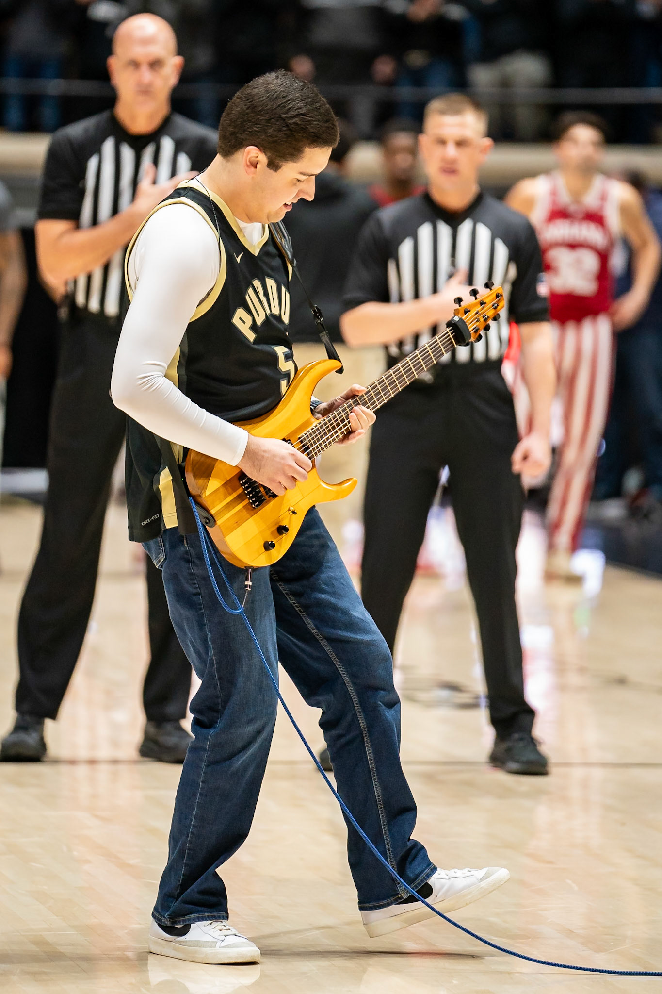 WEST LAFAYETTE, IN - FEBRUARY 10, 2024: Noah Scott, Mackey Guitar in Purdue Boilermaker vs Indiana Hoosiers Basketball at Mackey Arena(Photo by Steve Bowen / Bowen Arrow Photography / Northern Indiana Sports Report)