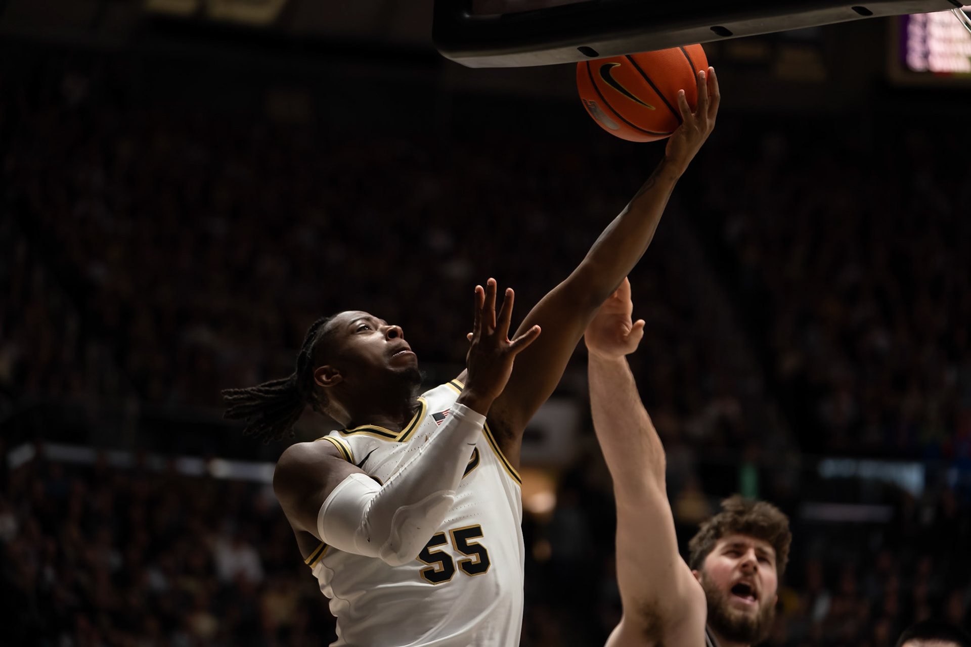 WEST LAFAYETTE, IN - JANUARY 31, 2024: Purdue 5th year Guard Lance Jones (55) competing in Purdue Boilermakers Mens Basketball versus the Northwestern Wildcats at Mackey Arena(Photo by Steve Bowen / Bowen Arrow Photography / Northern Indiana Sports Report)