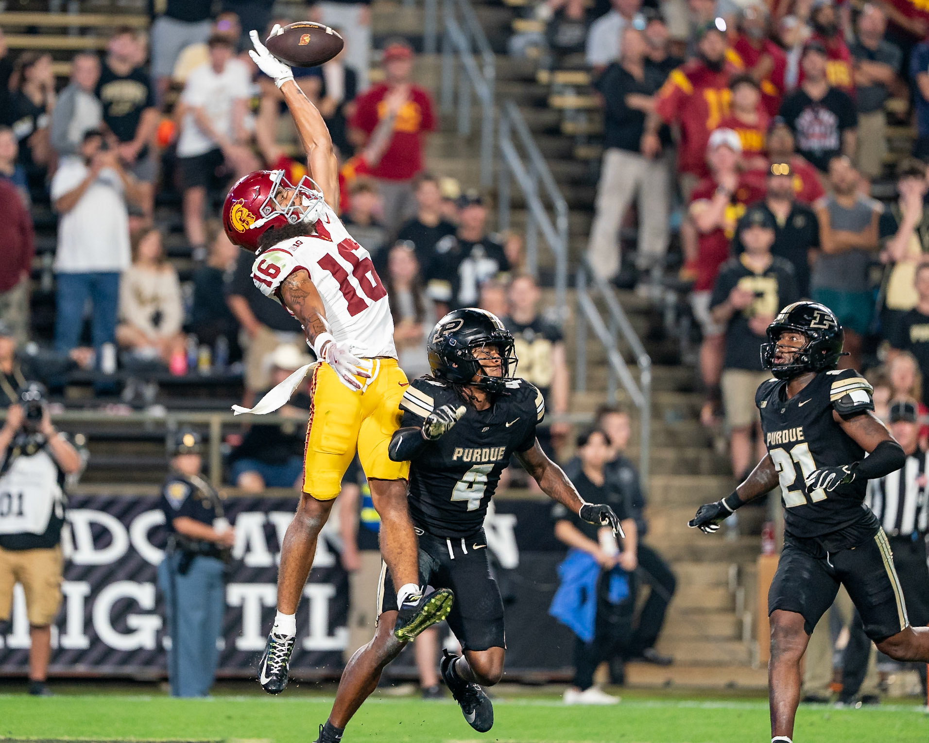 WEST LAFAYETTE, IN - SEPTEMBER 13, 2025: USC Freshman WR Tanook Hines (16), Purdue University Sophomore Defensive Back Hudauri Hines (4), Purdue University Senior Defensive Back Tahj Ra-El (21) in Purdue Boilermaker Football vs University of Southern California Trojans at Ross-Ade Stadium(Photo by Steve Bowen / Northern Indiana Sports Report)