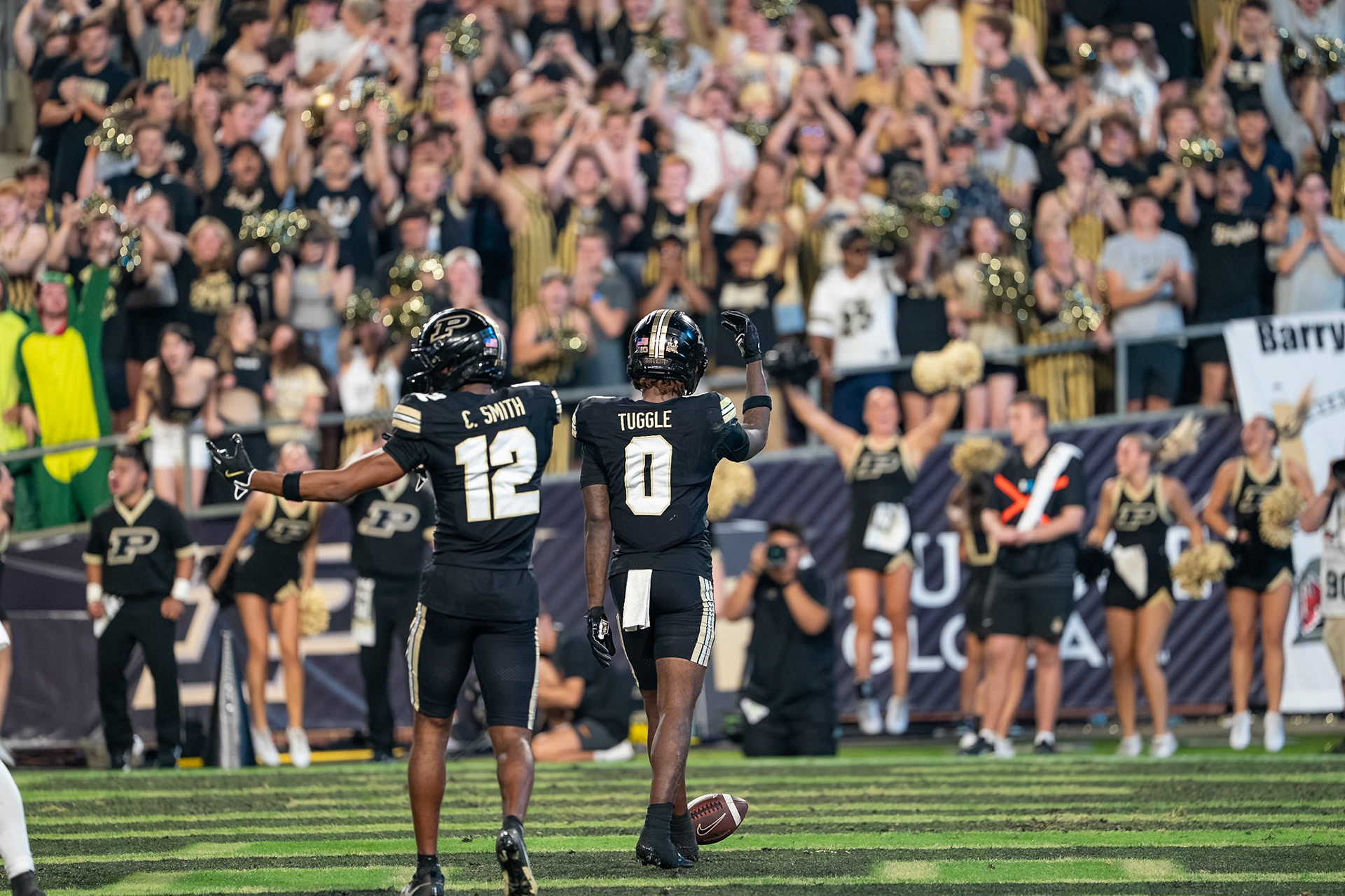WEST LAFAYETTE, IN - SEPTEMBER 13, 2025: Purdue University Sophomore Wide Receiver Nitro Tuggle (0), Purdue University Sophomore Wide Receiver Corey Smith (12) in Purdue Boilermaker Football vs University of Southern California Trojans at Ross-Ade Stadium(Photo by Steve Bowen / Northern Indiana Sports Report)