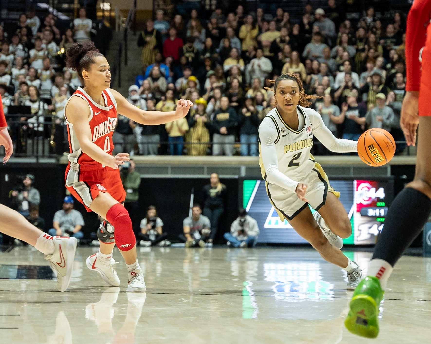 WEST LAFAYETTE, IN - JANUARY 28, 2024: Purdue Freshman Guard Rashunda Jones (2), Ohio State Guard Redshirt Senior Madison Greene (0) competing in Purdue Boilermaker Women's Basketball versus the Ohio State Buckeyes at Mackey Arena(Photo by Steve Bowen / Bowen Arrow Photography / Northern Indiana Sports Report)