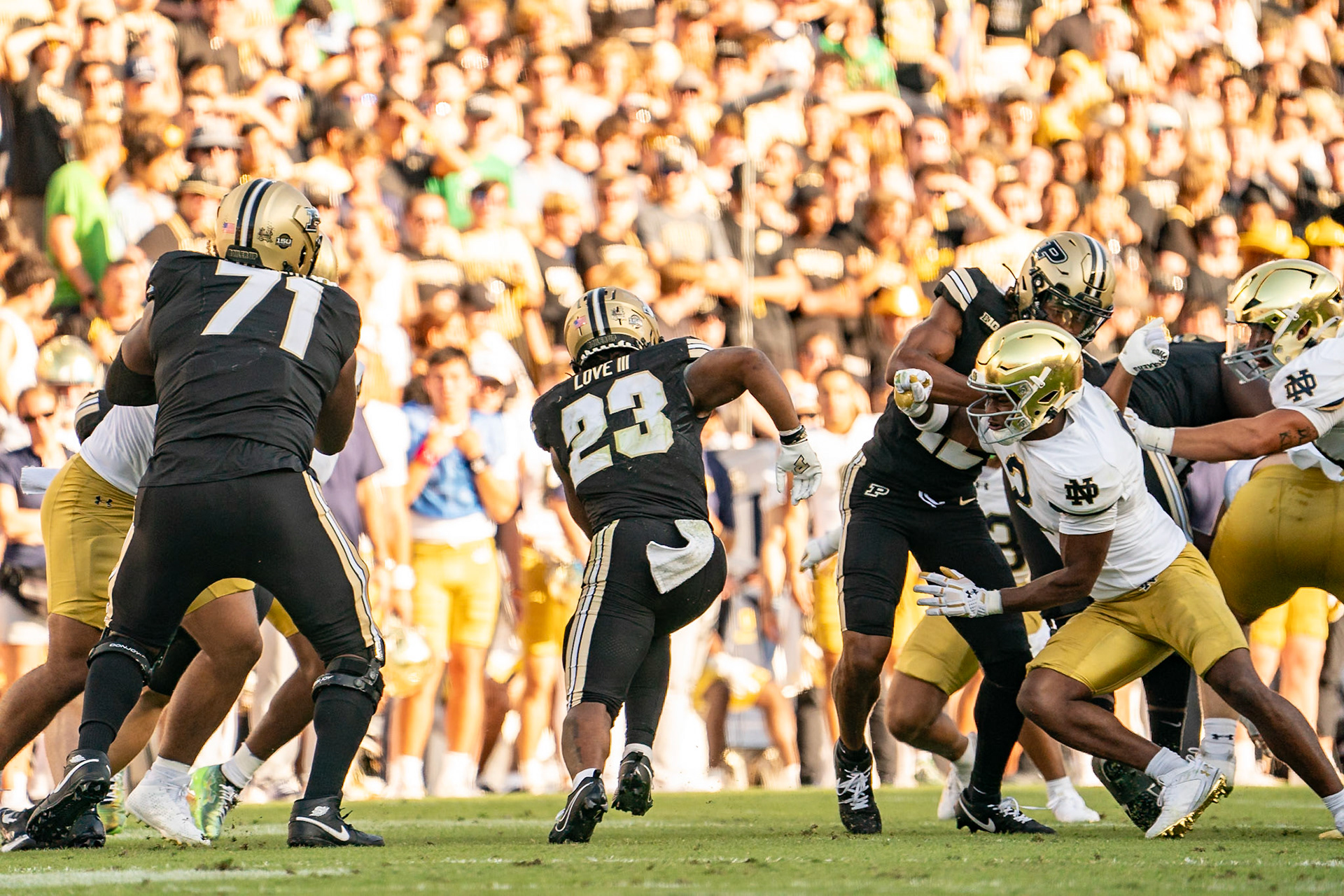 WEST LAFAYETTE, IN - SEPTEMBER 14, 2024: Purdue Sr. Running Back Reggie Love III (23) during the Purdue University Boilermakers vs Notre Dame Fighting Irish Football game at Ross-Ade Stadium(Photo by Steve Bowen / Bowen Arrow Photography / Northern Indiana Sports Report)