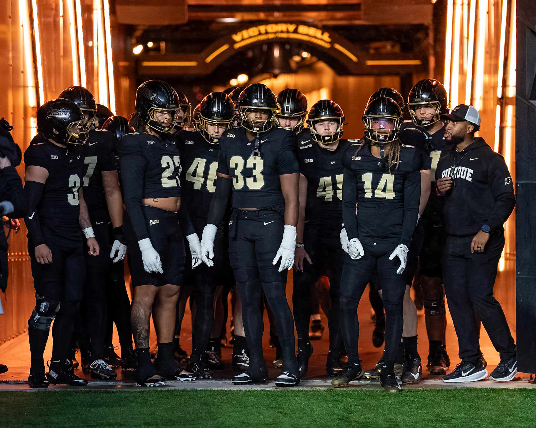 WEST LAFAYETTE, IN - OCTOBER 16, 2026: Purdue University Freshman Defensive Back Jett Goldsberry (3), Purdue University Senior Defensive End Trey Smith (23), Purdue University Freshman Defensive End Jeremy Lewis (33), Purdue University Freshman Defensive Back Emoni Smith (14), Purdue University Freshman Defensive Back Donivan Taylor (48) during the Purdue Boilermakers vs Washington Huskies football game at Ross-Ade Stadium(Photo by Steve Bowen / Northern Indiana Sports Report)
