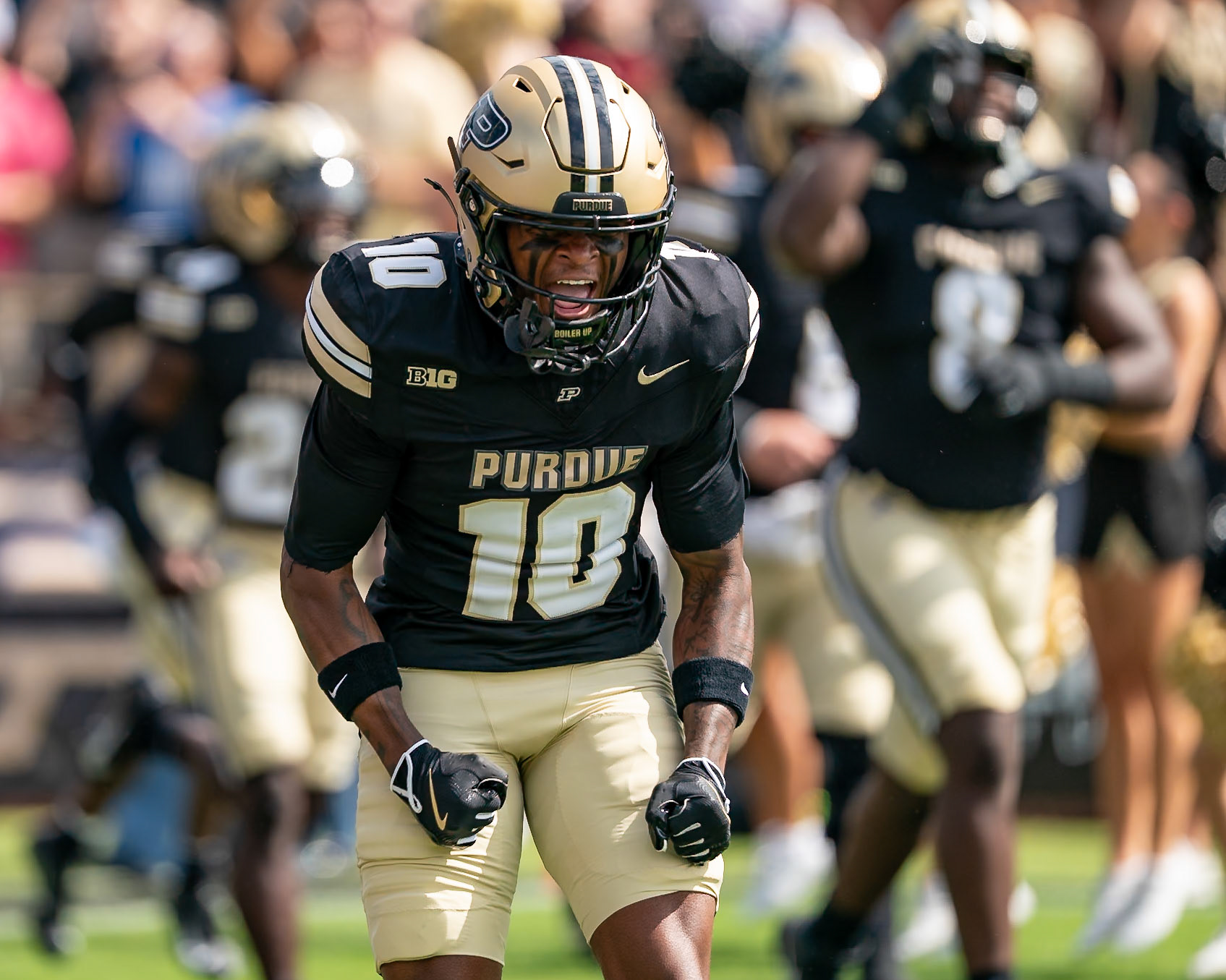 WEST LAFAYETTE, IN - AUGUST 30, 2025: Purdue University Redshirt Freshman Wide Receiver Jesse Watson (10) getting pumped up before the game at Purdue Boilermaker Football vs Ball State Football at Ross-Ade Stadium(Photo by Steve Bowen / Northern Indiana Sports Report)