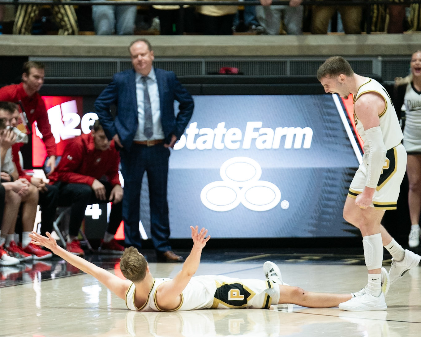 WEST LAFAYETTE, IN - MARCH 10, 2024: Purdue Sophomore Guard Fletcher Loyer (2), Purdue Sophomore Guard Braden Smith (3) competing in Purdue University Boilermaker Basketball vs University of Wisconsin Badgers at Mackey Arena(Photo by Steve Bowen / Bowen Arrow Photography / Northern Indiana Sports Report)
