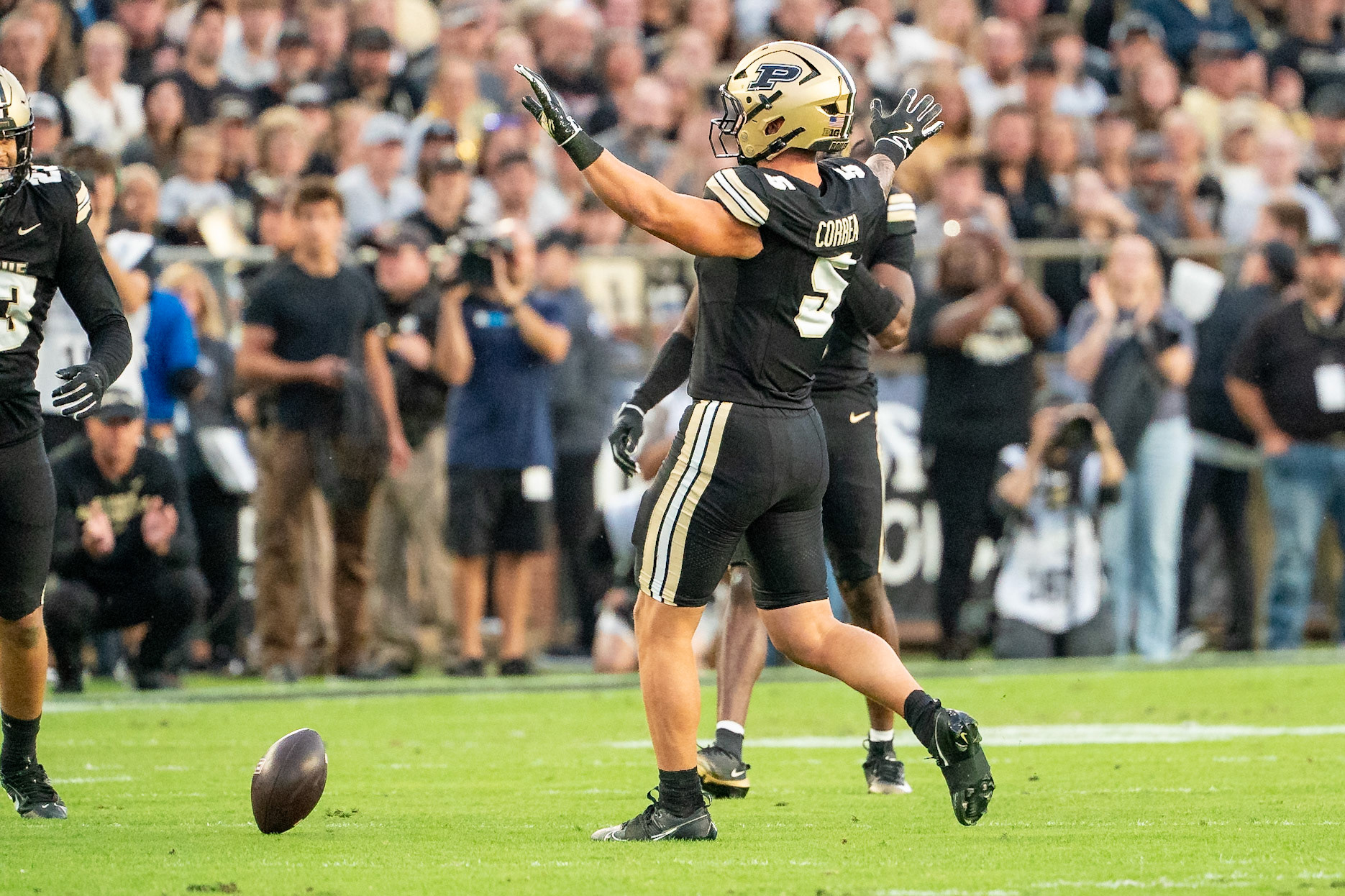 WEST LAFAYETTE, IN - SEPTEMBER 6, 2025: Purdue University Sophomore Linebacker Charles Correa (5) celebrates be=reaking up a pass at Purdue Boilermaker Football vs Southern Illinois Saluki Football at Ross-Ade Stadium(Photo by Steve Bowen / Northern Indiana Sports Report)