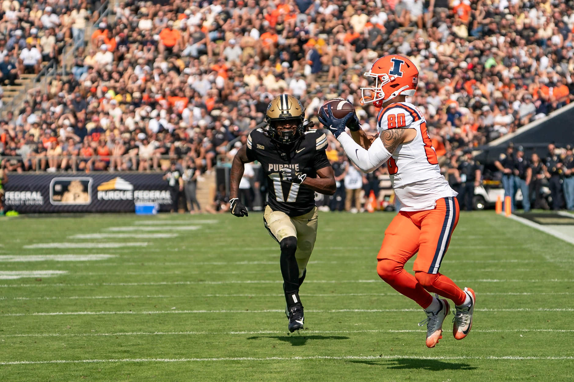 WEST LAFAYETTE, IN - OCTOBER 4, 2025: University of Illinois Senior WR Hank Beatty (80) makes a catch as Purdue University Sophomore Defensive Back Traveon Wright (17) tries to get back into position during the Purdue Boilermaker Football vs University of Illinois Fighting Illini at Ross-Ade Stadium(Photo by Steve Bowen / Northern Indiana Sports Report)