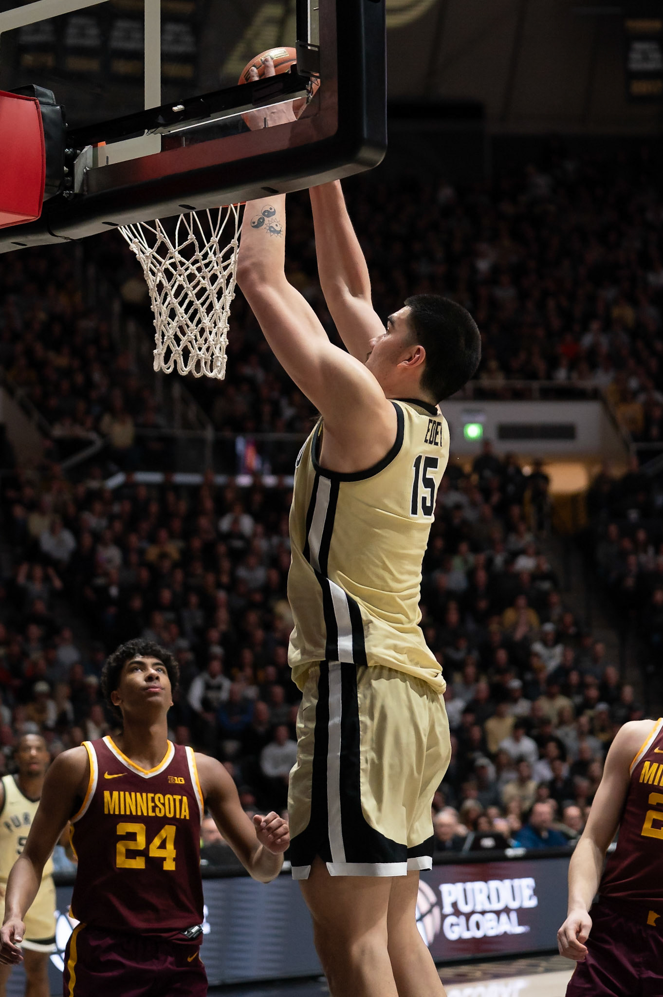 WEST LAFAYETTE, IN - FEBRUARY 15, 2024: Purdue Senior Center Zach Edey (15) in Purdue Boilermakers Men's Basketball vs the Minnesota Golden Gophers at Mackey Arena(Photo by Steve Bowen / Bowen Arrow Photography / Northern Indiana Sports Report)