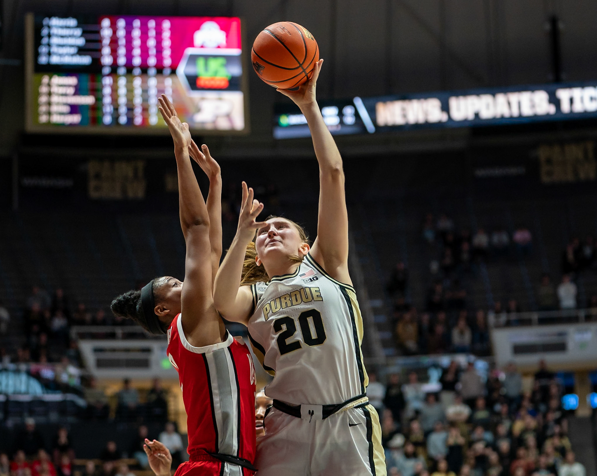 WEST LAFAYETTE, IN - JANUARY 28, 2024: Purdue Freshman Forward Mary Ashley Stevenson (20), Ohio State Guard/Forward Junior Taylor Thierry (2) competing in Purdue Boilermaker Women's Basketball versus the Ohio State Buckeyes at Mackey Arena(Photo by Steve Bowen / Bowen Arrow Photography / Northern Indiana Sports Report)