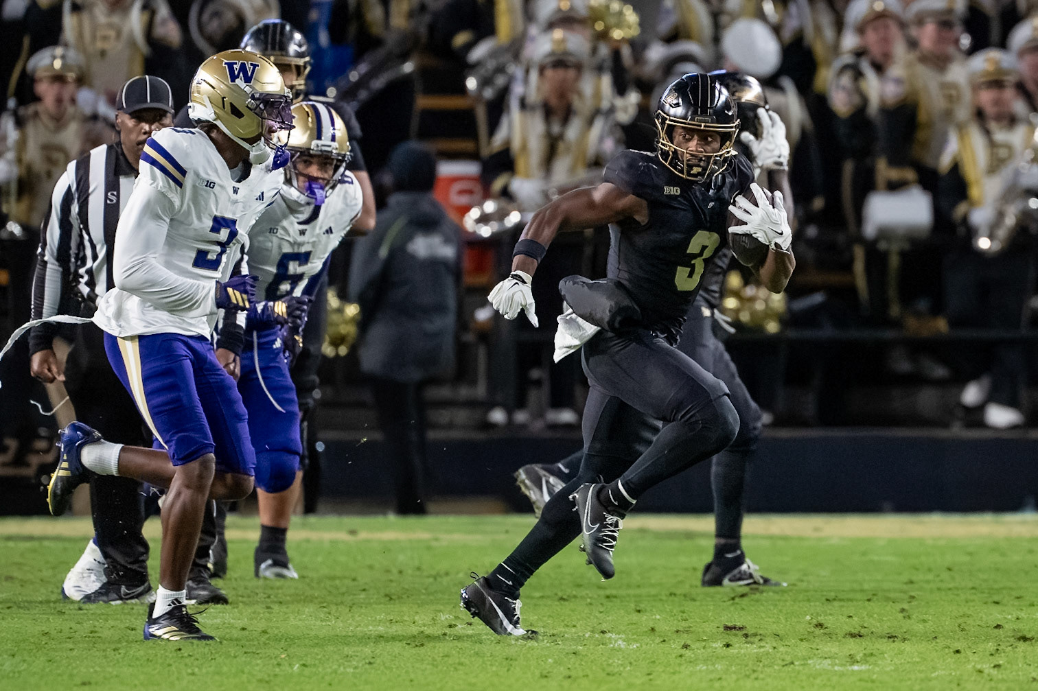 WEST LAFAYETTE, IN - OCTOBER 16, 2026: Purdue University Senior Wide Receiver Xavier Townsend (3), University of Washington CB Emmanuel Karnley (3) during the Purdue Boilermakers vs Washington Huskies football game at Ross-Ade Stadium(Photo by Steve Bowen / Northern Indiana Sports Report)