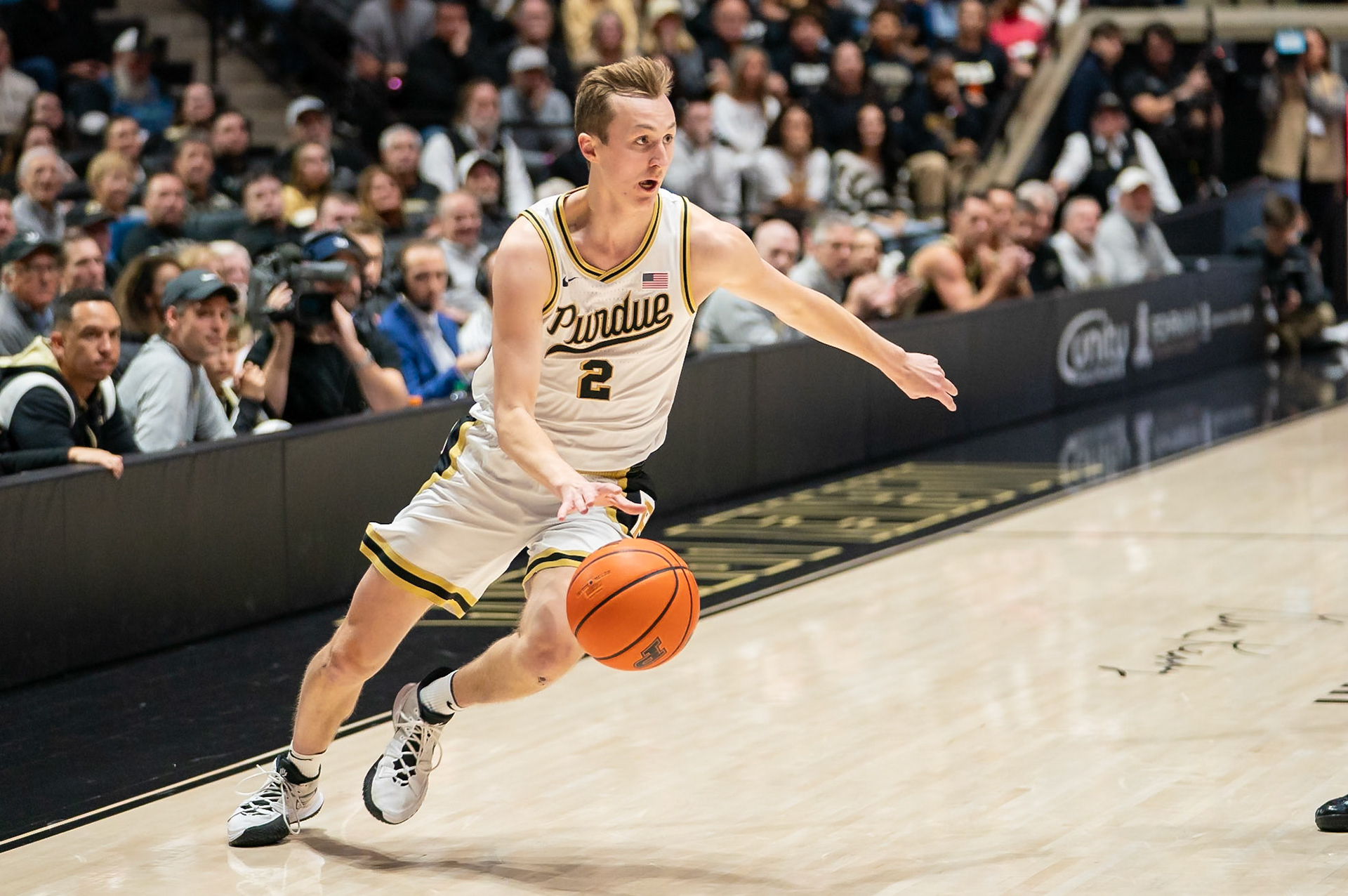 WEST LAFAYETTE, IN - JANUARY 5, 2024: Purdue Sophomore Guard Fletcher Loyer (2) competing in Purdue Boilermaker's Basketball vs the Illinois Fighting Illini at Mackey Arena(Photo by Steve Bowen / Bowen Arrow Photography / Northern Indiana Sports Report)