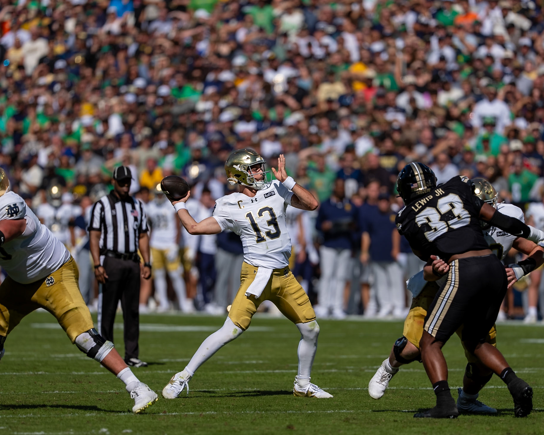 WEST LAFAYETTE, IN - SEPTEMBER 26, 2026: Notre Dame University Junior QB CJ Carr (13) during the Purdue Boilermakers vs Notre Dame Fighting Irish football game at Ross-Ade Stadium(Photo by Steve Bowen / Northern Indiana Sports Report)