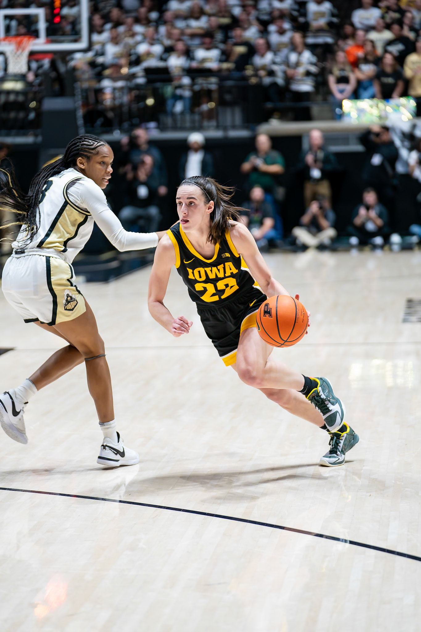 WEST LAFAYETTE, IN - JANUARY 10, 2024: Iowa Guard Senior Caitlin Clark (22), Purdue Junior Guard Jayla Smith (3) competing in Purdue Boilermaker Women's Basketball vs the Iowa Hawkeyes at Mackey Arena(Photo by Steve Bowen / Bowen Arrow Photography / Northern Indiana Sports Report)