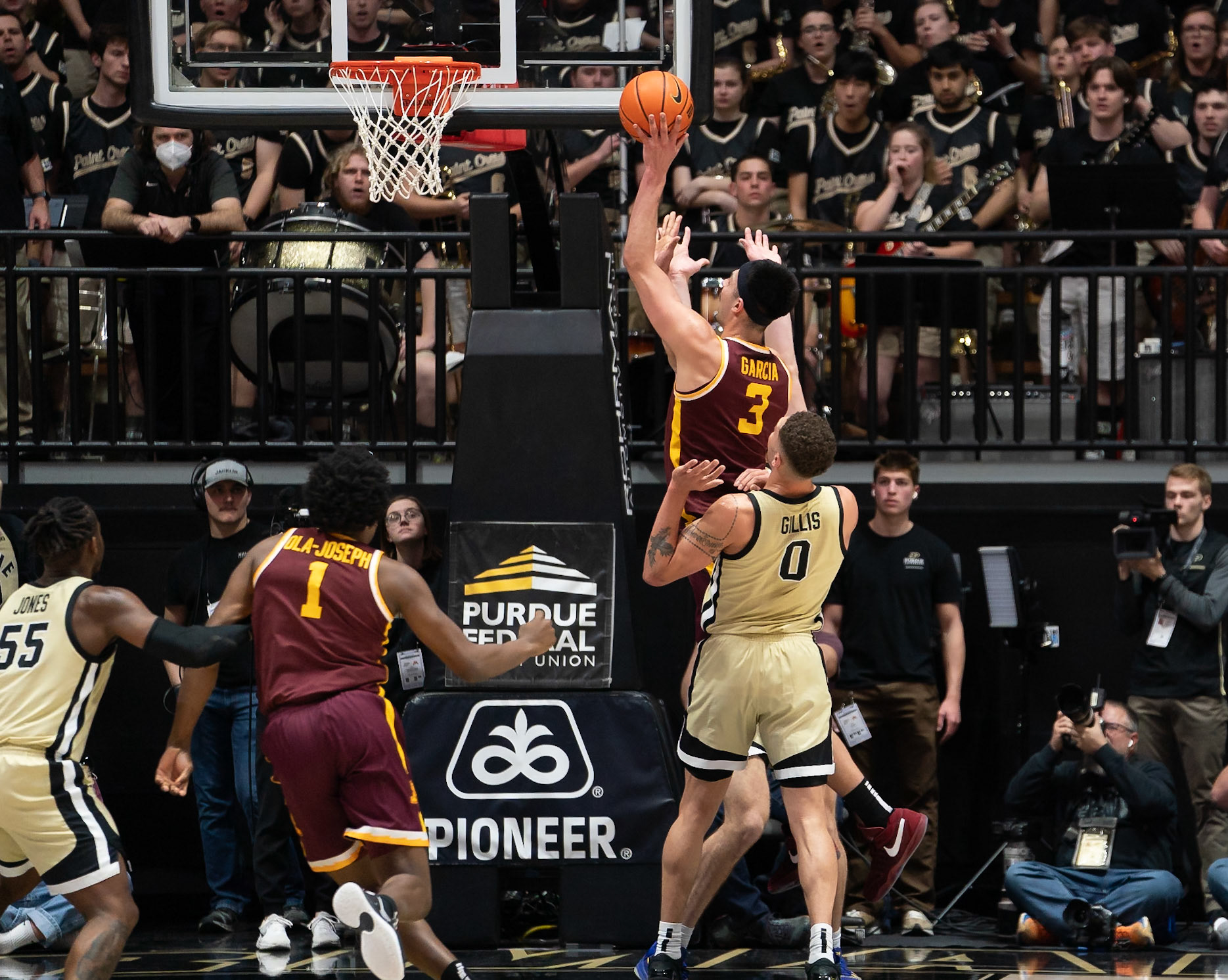 WEST LAFAYETTE, IN - FEBRUARY 15, 2024: Minnesota Junior Forward Dawson Garcia (3), Purdue Senior Forward Mason Gillis (0) in Purdue Boilermakers Men's Basketball vs the Minnesota Golden Gophers at Mackey Arena(Photo by Steve Bowen / Bowen Arrow Photography / Northern Indiana Sports Report)