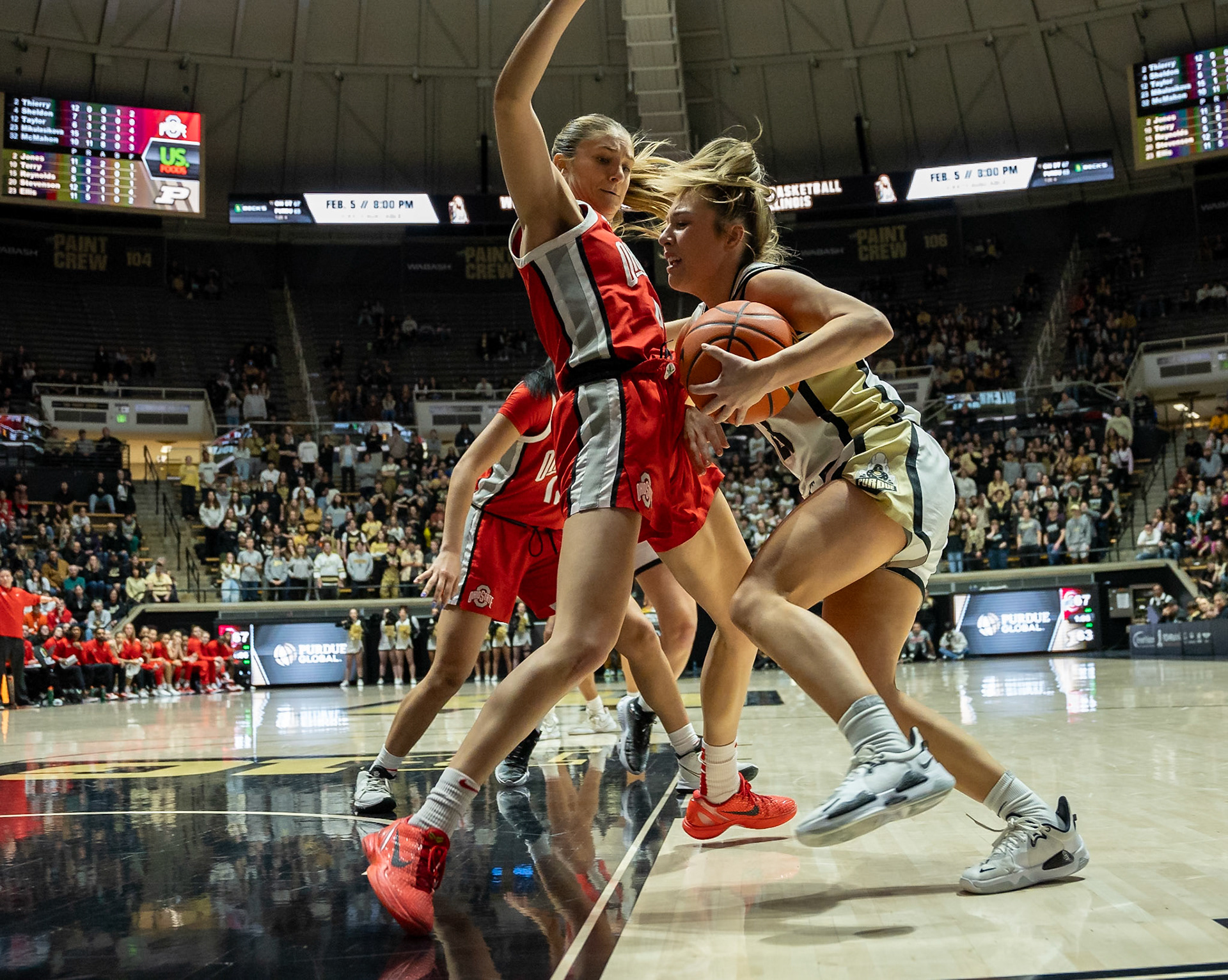 WEST LAFAYETTE, IN - JANUARY 28, 2024: Purdue 5th Year Guard Abbey Ellis (23).Ohio State Guard Graduate Jacy Sheldon (4) competing in Purdue Boilermaker Women's Basketball versus the Ohio State Buckeyes at Mackey Arena(Photo by Steve Bowen / Bowen Arrow Photography / Northern Indiana Sports Report)