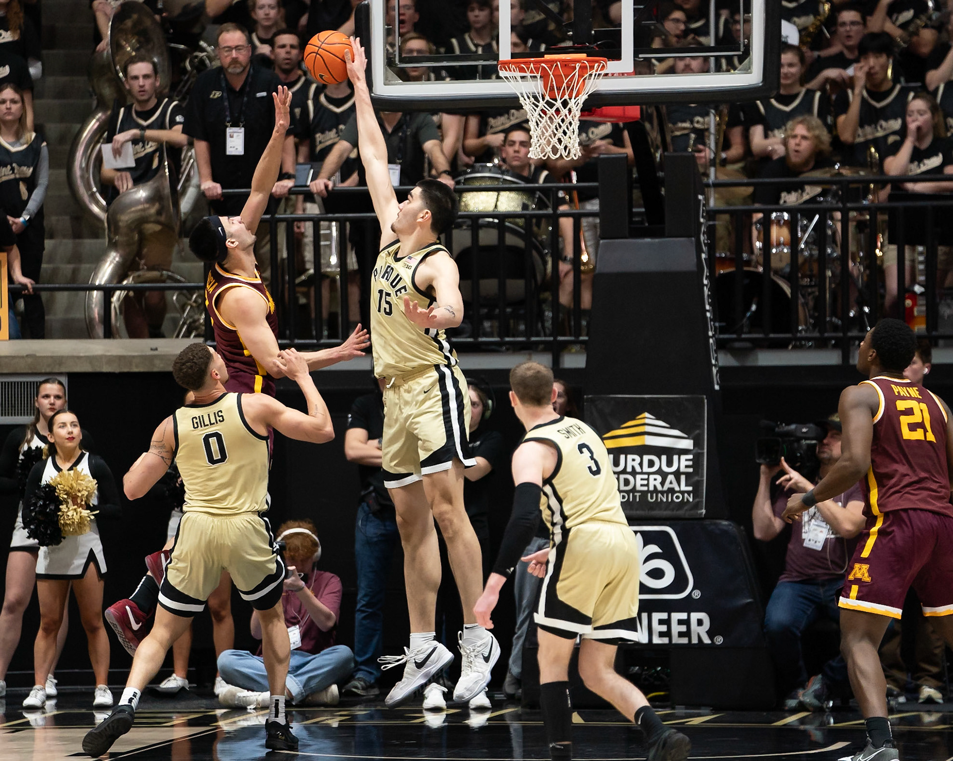 WEST LAFAYETTE, IN - FEBRUARY 15, 2024: Purdue Senior Center Zach Edey (15), Minnesota Junior Forward Dawson Garcia (3) in Purdue Boilermakers Men's Basketball vs the Minnesota Golden Gophers at Mackey Arena(Photo by Steve Bowen / Bowen Arrow Photography / Northern Indiana Sports Report)