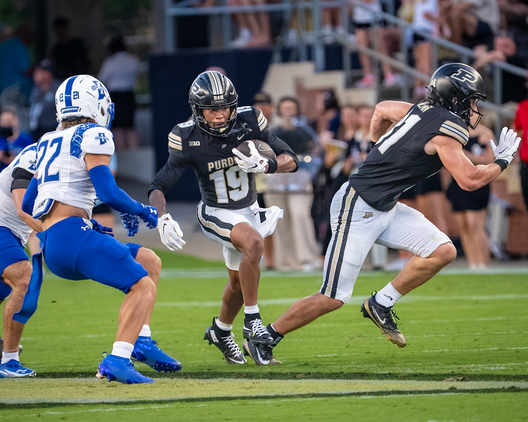 WEST LAFAYETTE, IN - SEPTEMBER 4, 2026: Purdue University Sophomore Wide Receiver Asaad Waseem (19) takes a pass up the field during the Purdue Boilermaker Football game vs the Indiana State Sycamores at Ross-Ade Stadium(Photo by Steve Bowen / Northern Indiana Sports Report)