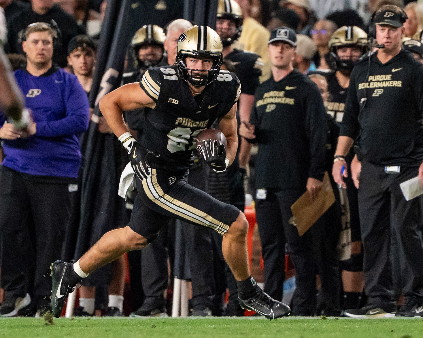 WEST LAFAYETTE, IN - SEPTEMBER 6, 2025: Purdue University Sophomore Tight End George Burhenn (81) running down the field after catching a pass at Purdue Boilermaker Football vs Southern Illinois Saluki Football at Ross-Ade Stadium(Photo by Steve Bowen / Northern Indiana Sports Report)
