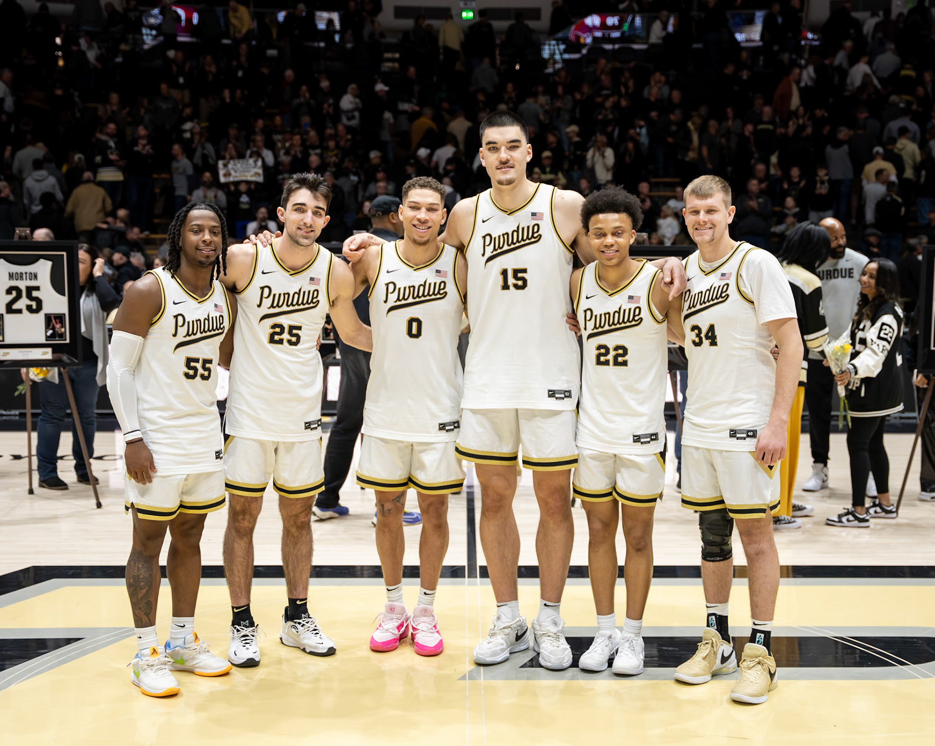 WEST LAFAYETTE, IN - MARCH 10, 2024: Purdue 5th year Guard Lance Jones (55), Purdue Senior Guard Ethan Morton (25), Purdue Senior Forward Mason Gillis (0), Purdue Senior Center Zach Edey (15), Purdue Senior Guard Chase Martin (22), Purdue Senior Guard Carson Barrett (34) in Purdue University Boilermaker Basketball vs University of Wisconsin Badgers at Mackey Arena(Photo by Steve Bowen / Bowen Arrow Photography / Northern Indiana Sports Report)