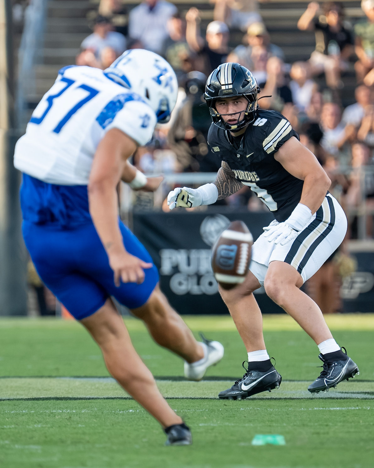 WEST LAFAYETTE, IN - SEPTEMBER 4, 2026: Purdue University Junior Linebacker Charles Correa (5) prepares to block on the opening kick during the Purdue Boilermaker Football game vs the Indiana State Sycamores at Ross-Ade Stadium(Photo by Steve Bowen / Northern Indiana Sports Report)