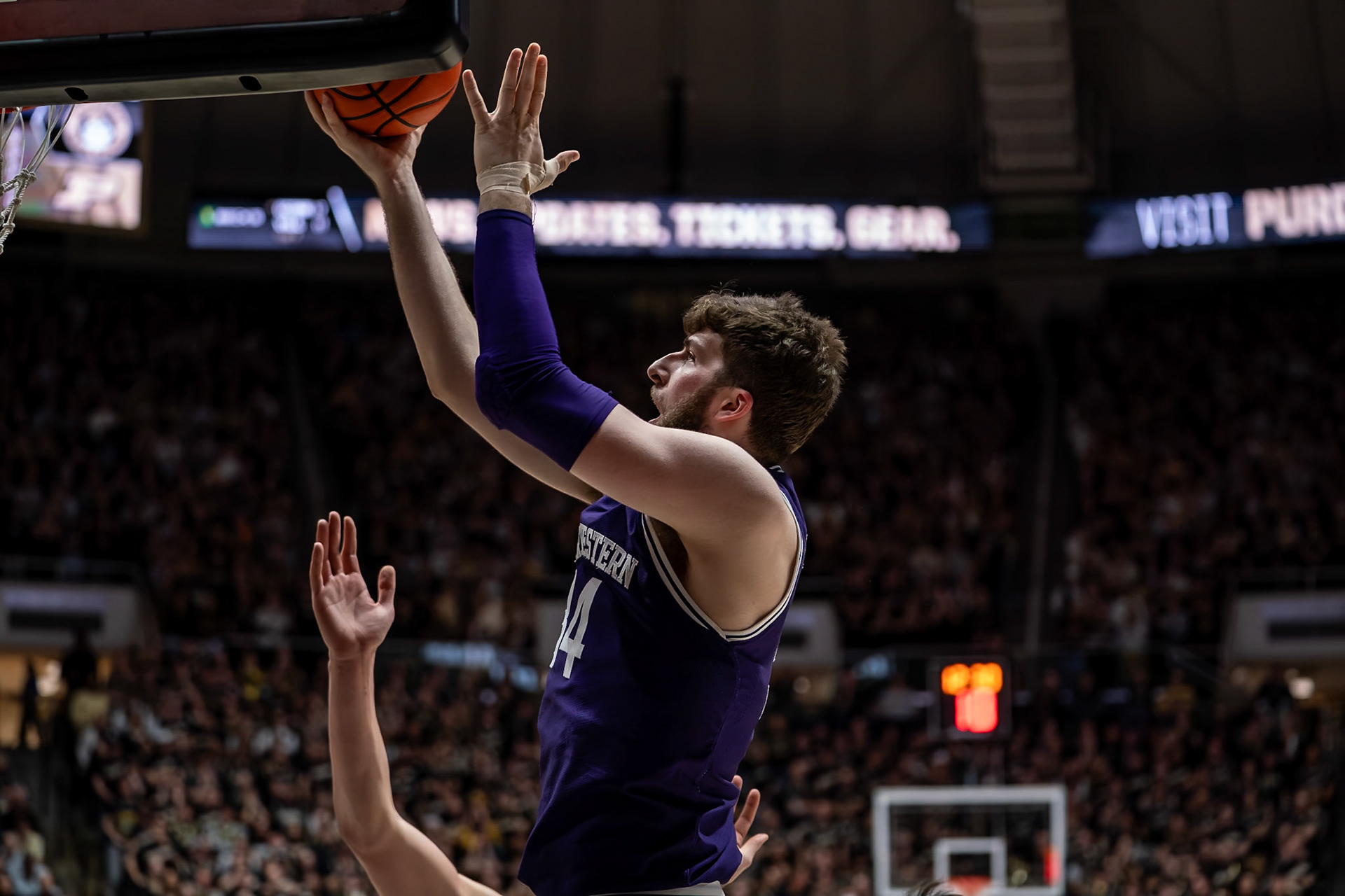 WEST LAFAYETTE, IN - JANUARY 31, 2024: Northwestern Senior Center Matthew Nicholson (34) competing in Purdue Boilermakers Mens Basketball versus the Northwestern Wildcats at Mackey Arena(Photo by Steve Bowen / Bowen Arrow Photography / Northern Indiana Sports Report)