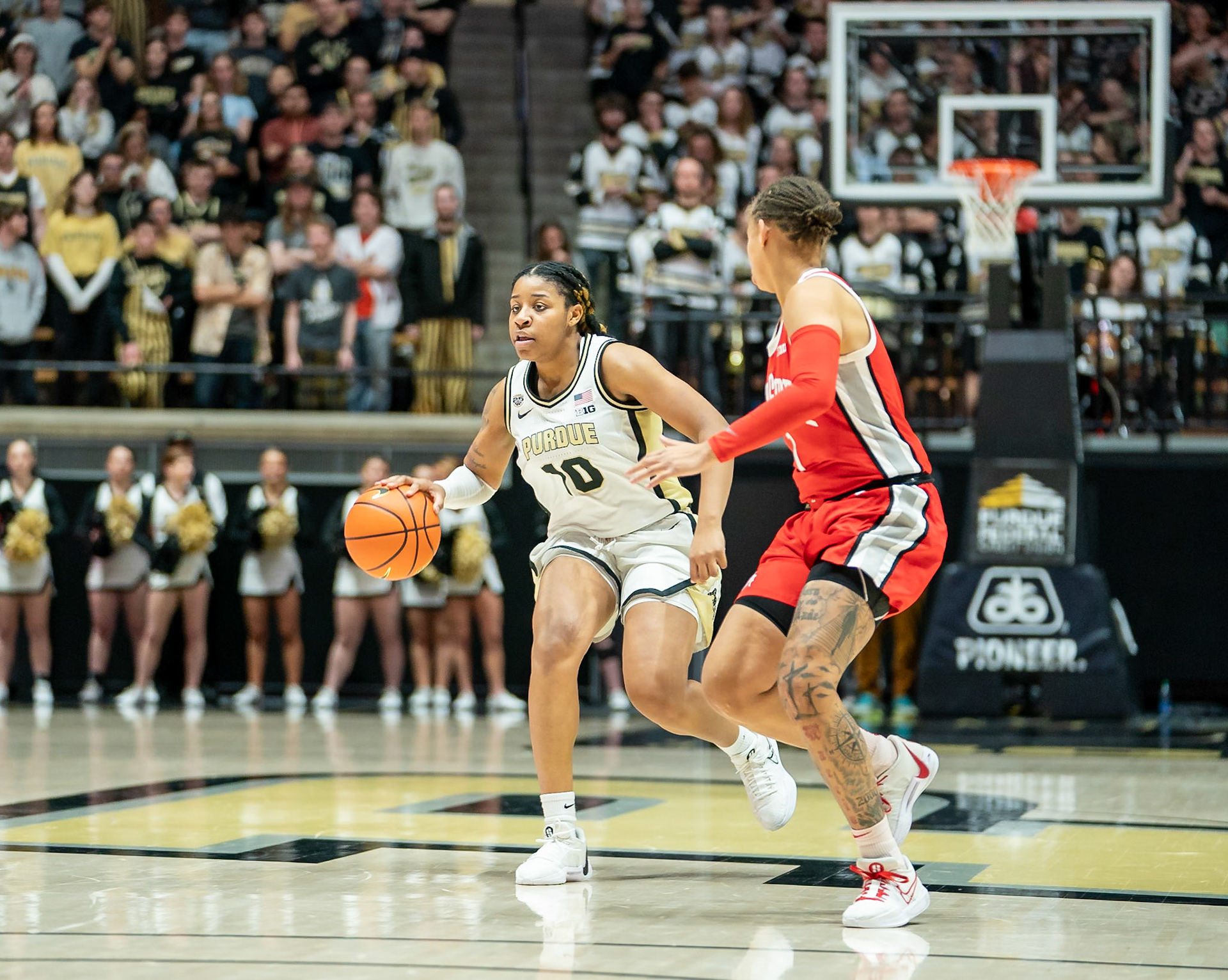 WEST LAFAYETTE, IN - JANUARY 28, 2024: Purdue 5th Year Guard Jeanae Terry (10), Ohio State Guard Redshirt Senior Rikki Harris (1) competing in Purdue Boilermaker Women's Basketball versus the Ohio State Buckeyes at Mackey Arena(Photo by Steve Bowen / Bowen Arrow Photography / Northern Indiana Sports Report)