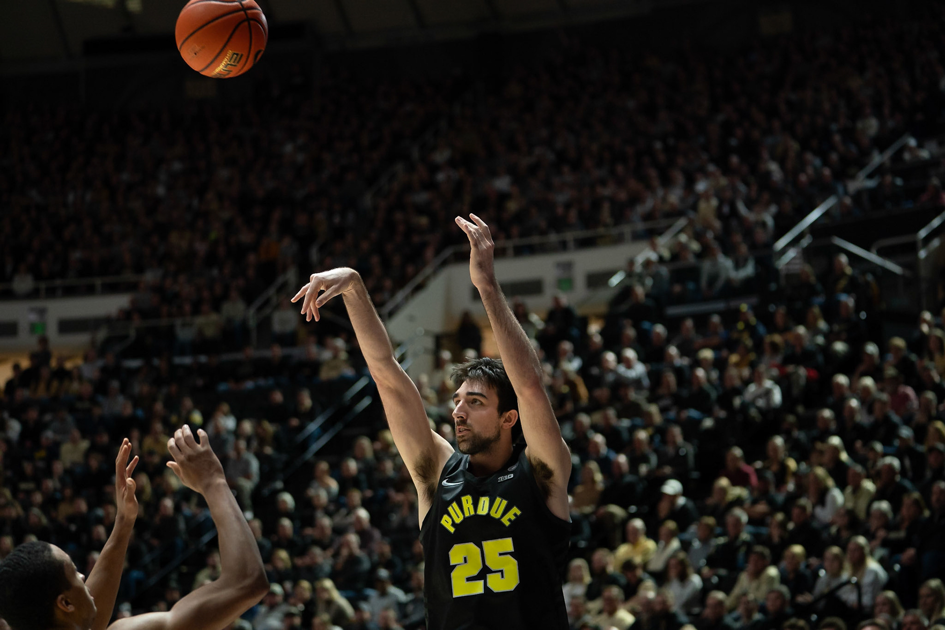 WEST LAFAYETTE, IN - JANUARY 23, 2024: Purdue Senior Guard Ethan Morton (25) competing in Purdue versus Michigan Mens Basketball at Mackey Arena(Photo by Steve Bowen / Bowen Arrow Photography / Northern Indiana Sports Report)